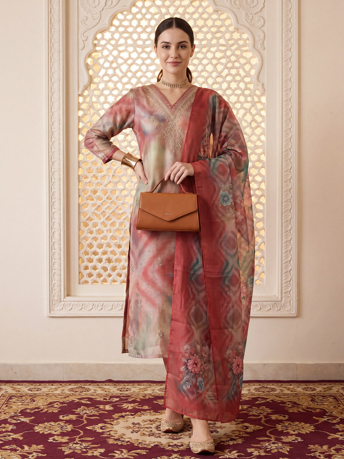 Image of Indo Era Women Silk Blend Kurta Pant Dupatta Set