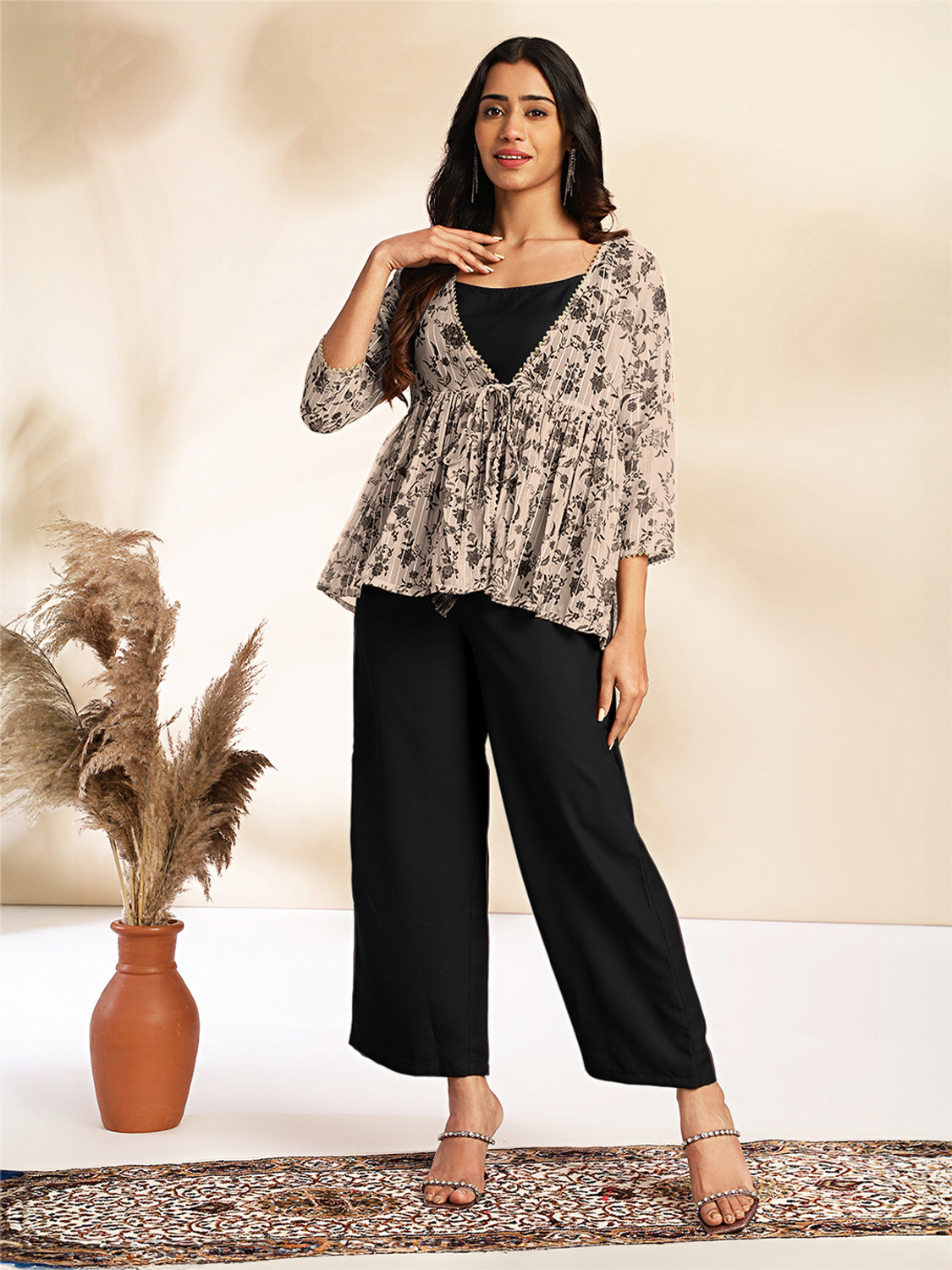 Image of Janasya Women Crop Top Pant Ethnic Jacket Set
