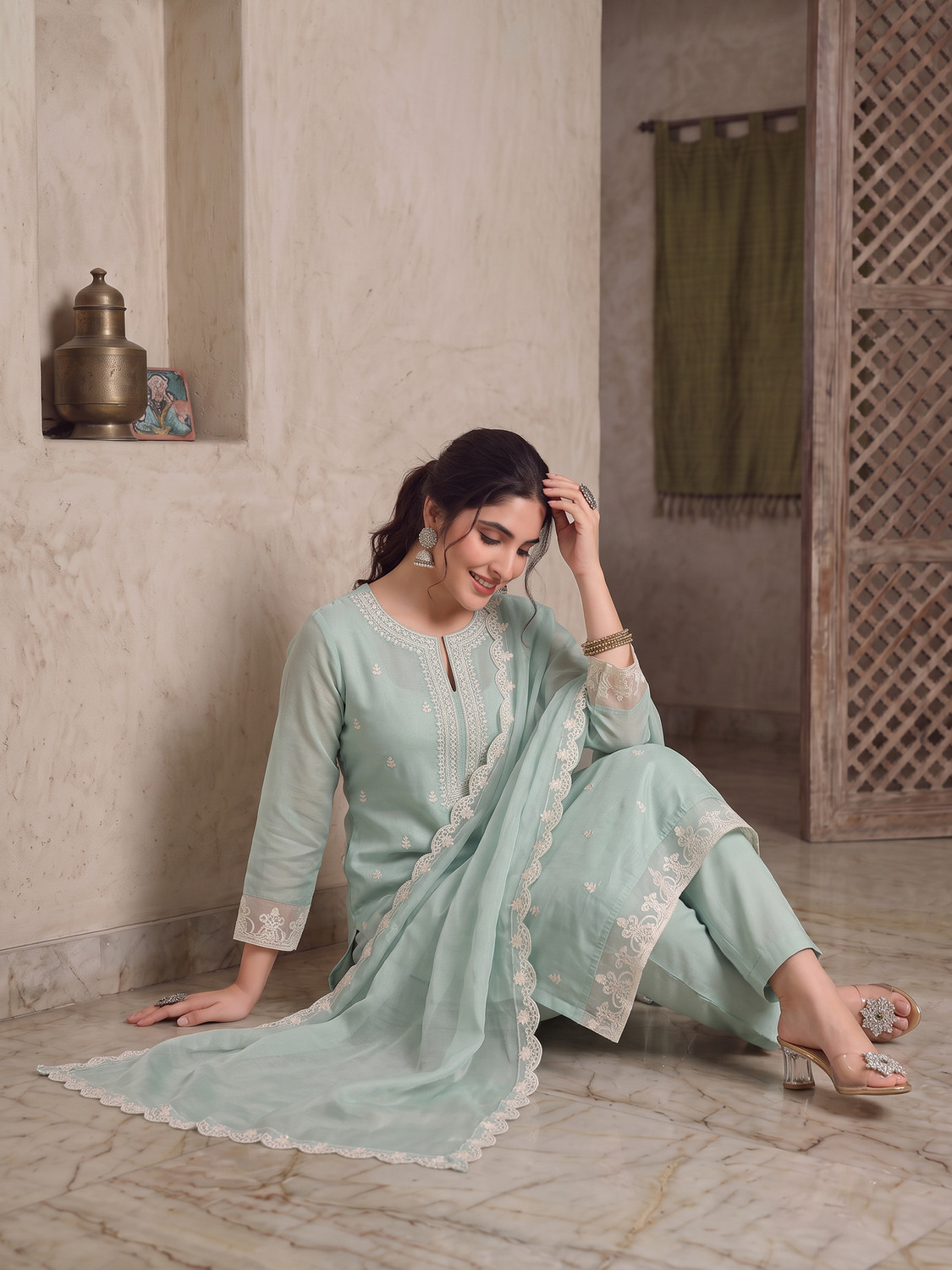 Image of Fabian Fashion Women Chanderi Kurta Pant Dupatta Set