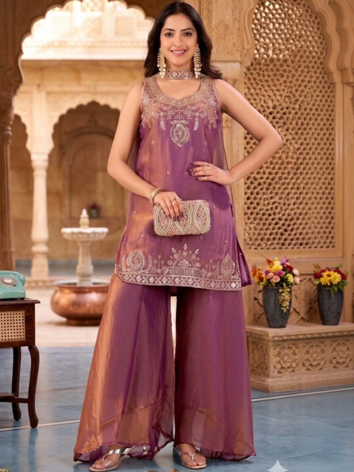 Image of OMICRON FAB Women Kurta Palazzo Dupatta Set