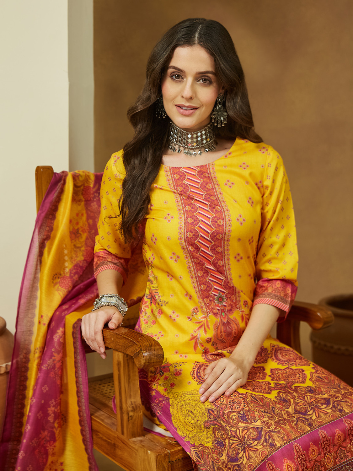 Image of Janasya Women Cotton Blend Kurta Pant Dupatta Set