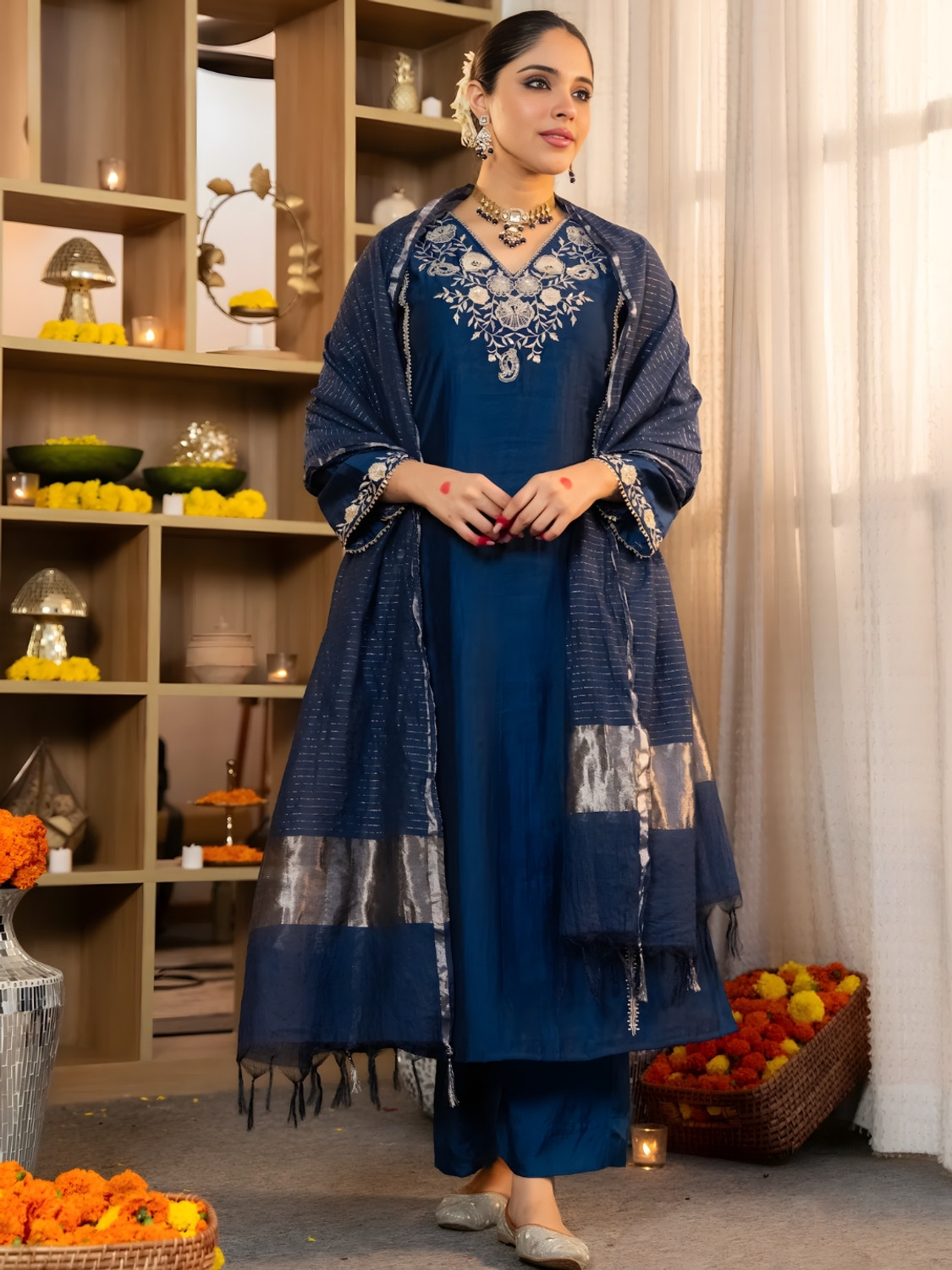Image of zaierra Embroidered Kurta, Palazzo & Dupatta Set