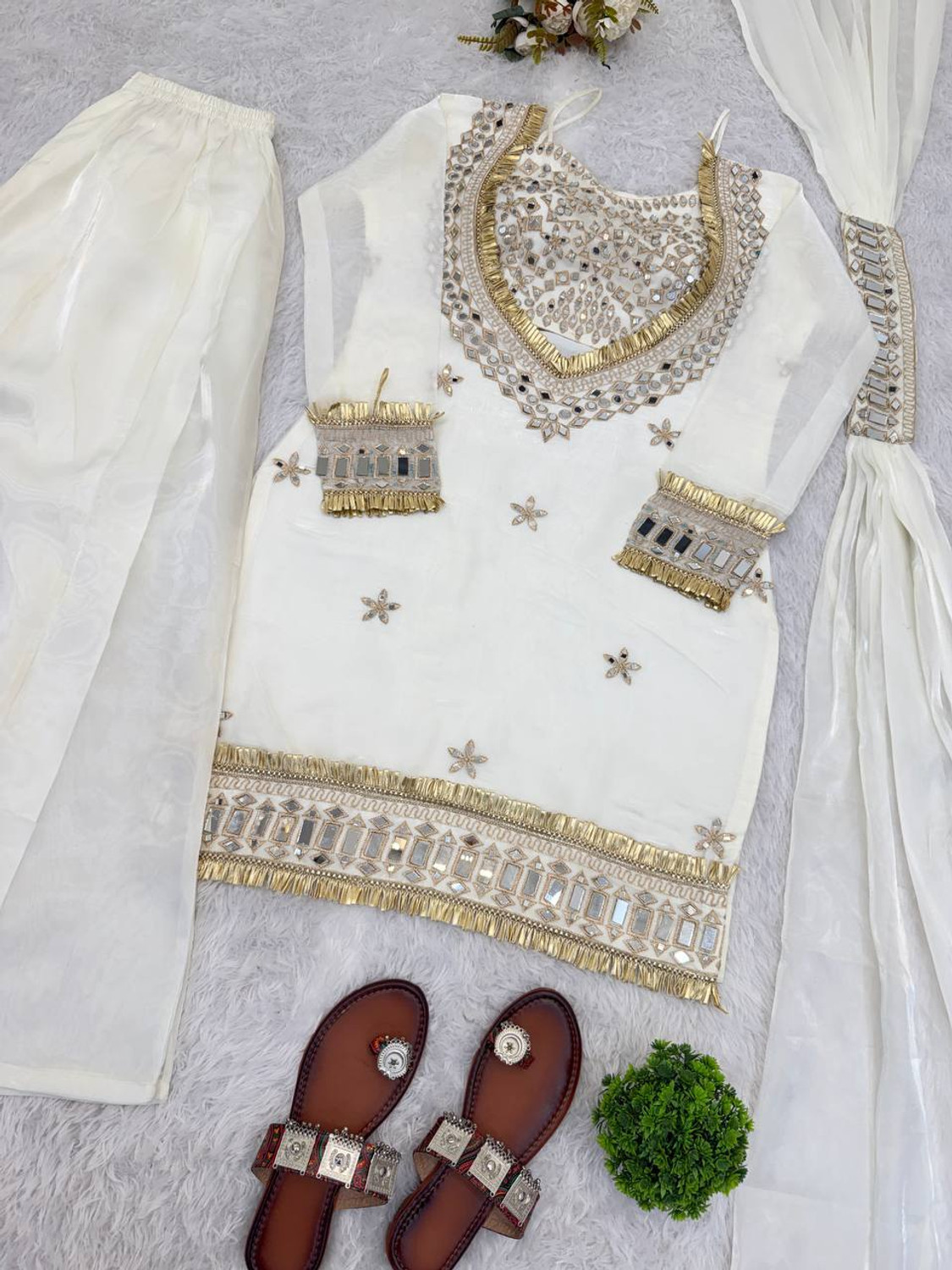 Image of RILLOURA Women Kurti Palazzo Dupatta Set