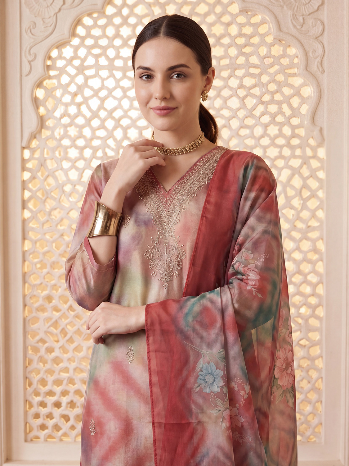 Image of Indo Era Women Silk Blend Kurta Pant Dupatta Set