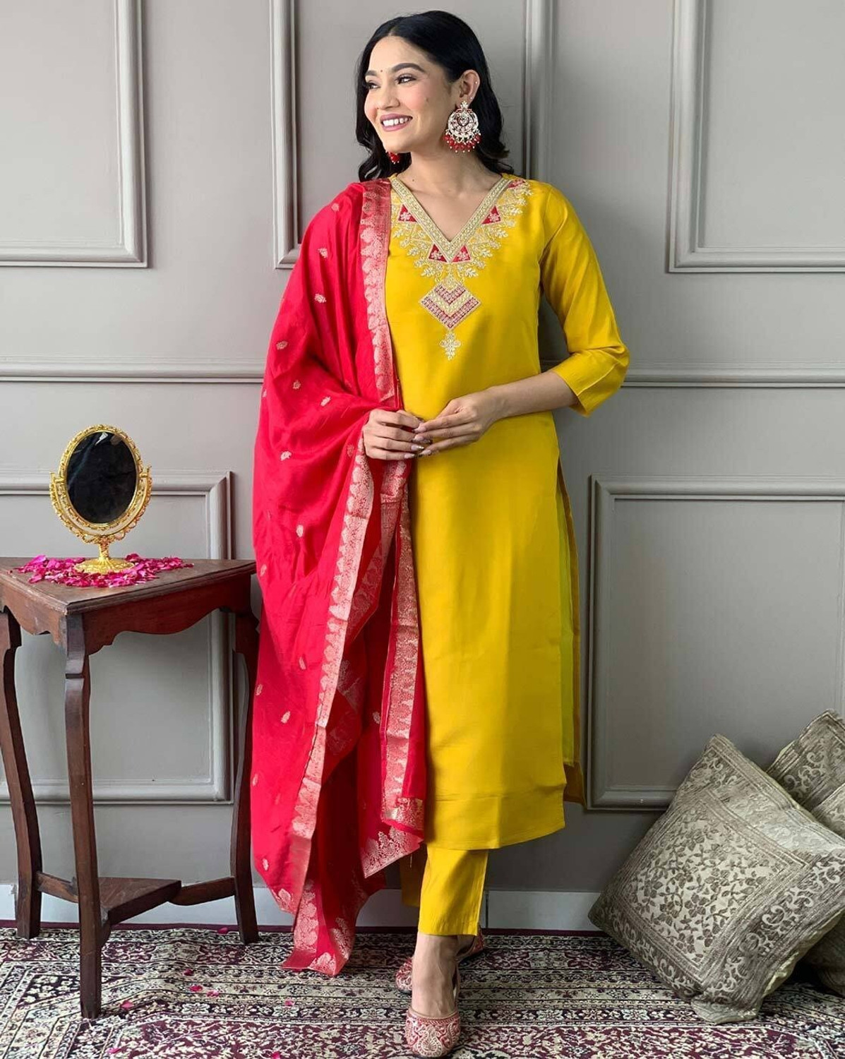 Image of Hangerdesginer Embroidered Anarkali Kurta, Bottom & Dupatta Set