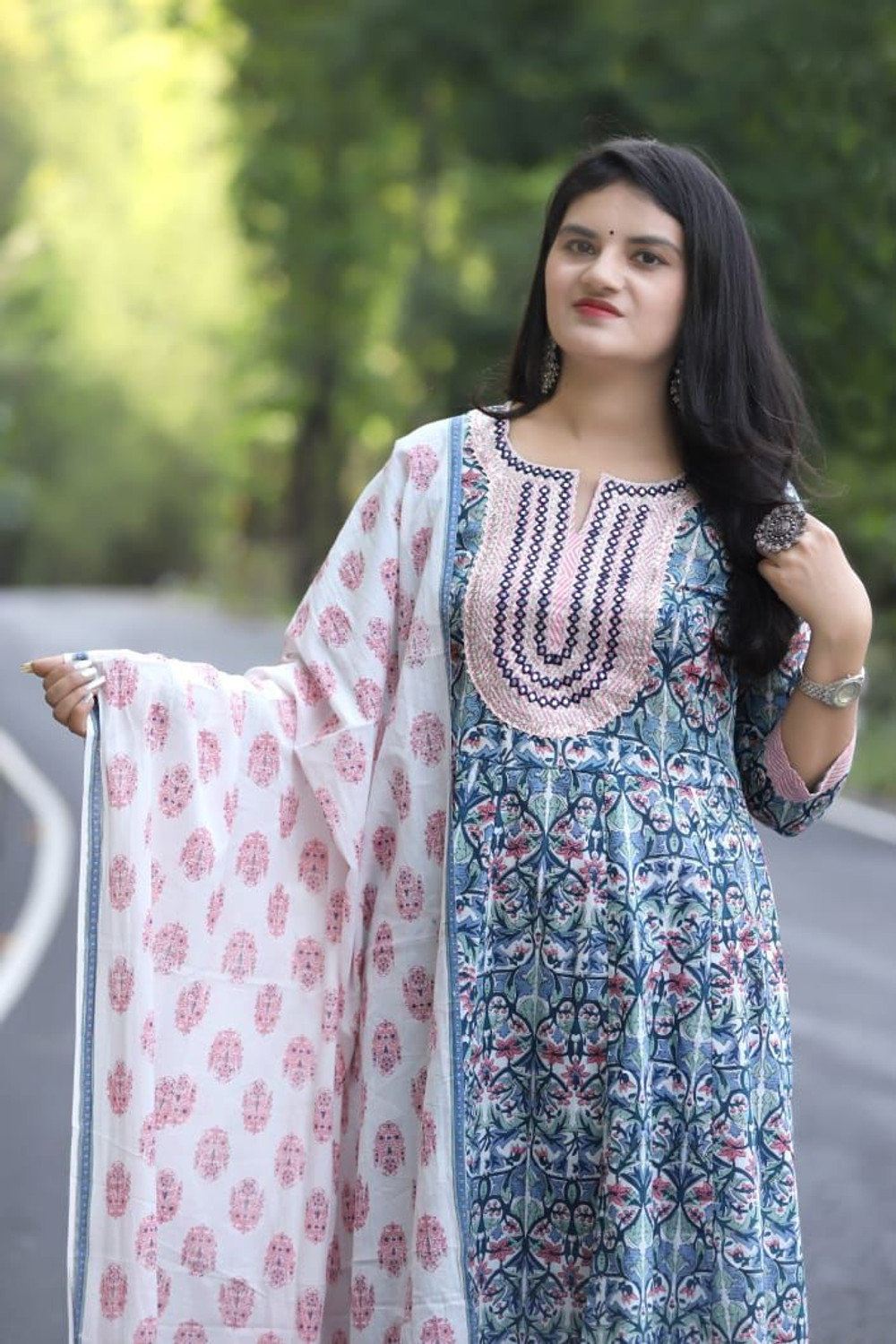 Image of EthnikaaSilqora Printed Kurta, Churidar & Dupatta Set