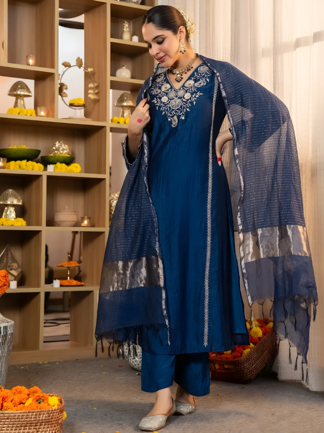 Image of zaierra Embroidered Kurta, Palazzo & Dupatta Set