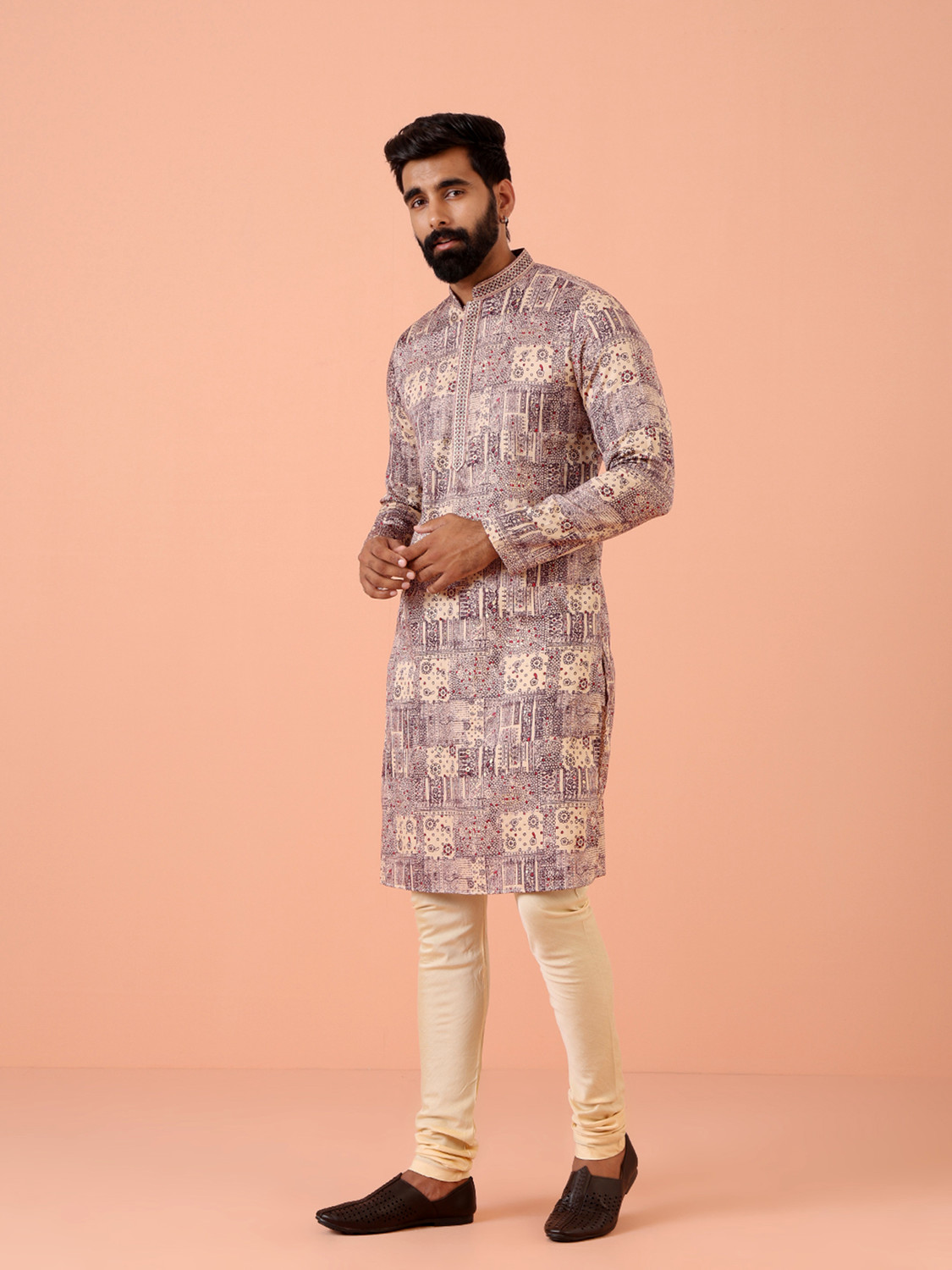 Image of Kisah Printed Cotton Blend Straight Kurta for Men (Purple)