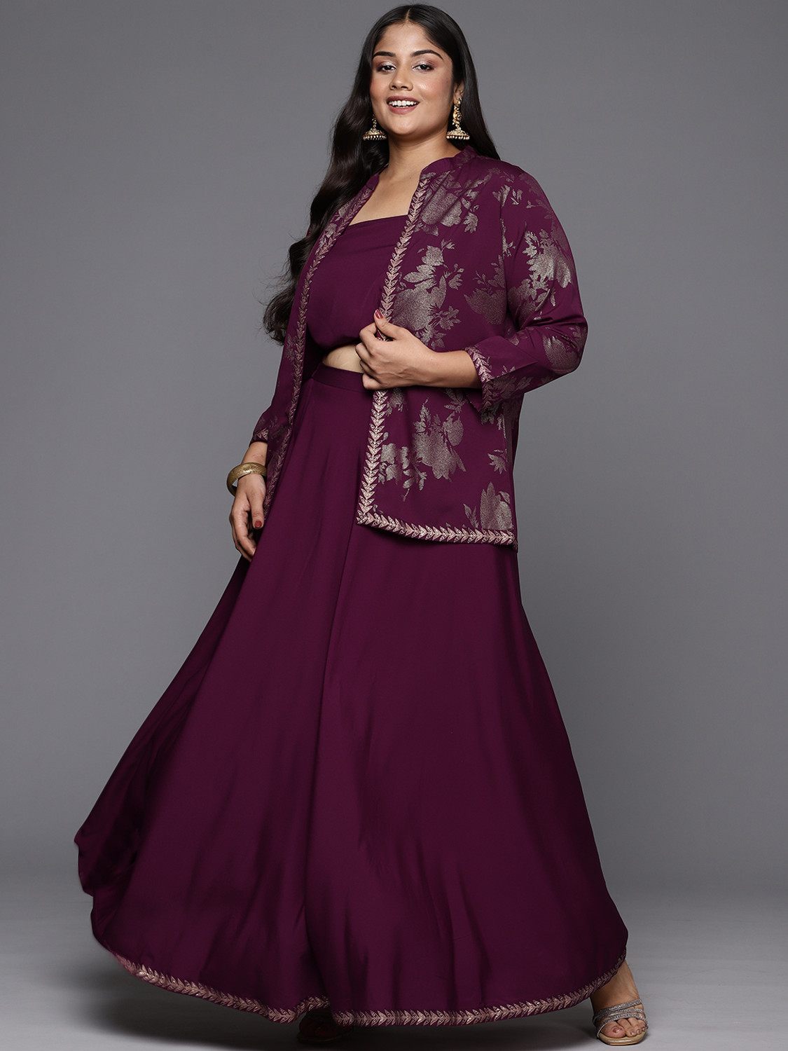 Image of A Plus by Ahalyaa Women Crop Top Skirt Ethnic Jacket Set