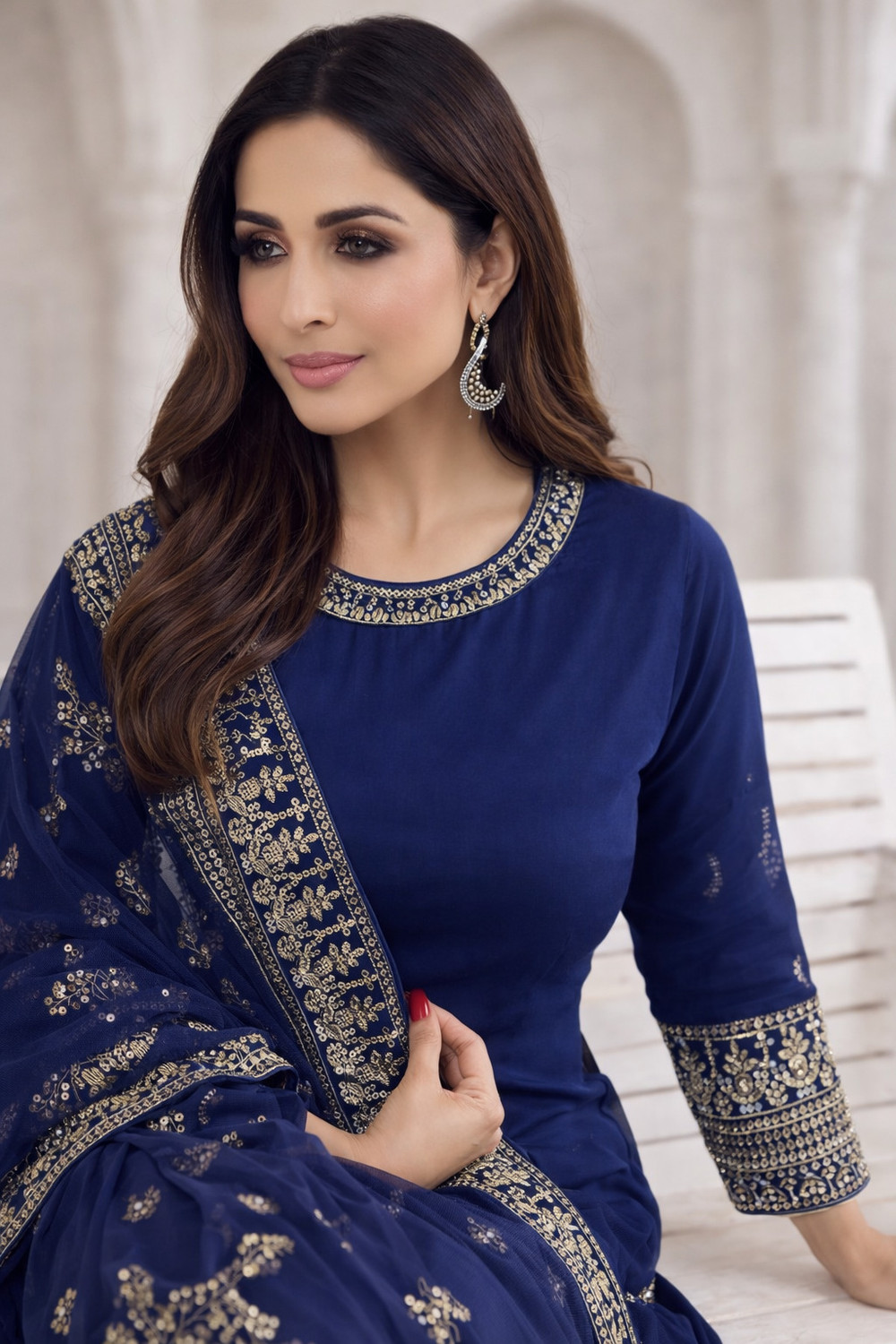 Image of PILUDI HOUSE Embroidered Kurta, Trouser /Pant & Dupatta Set