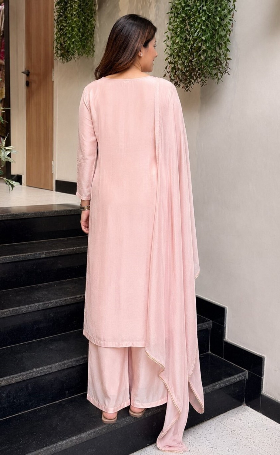 Image of Krisio Embroidered Kurta, Palazzo & Dupatta Set