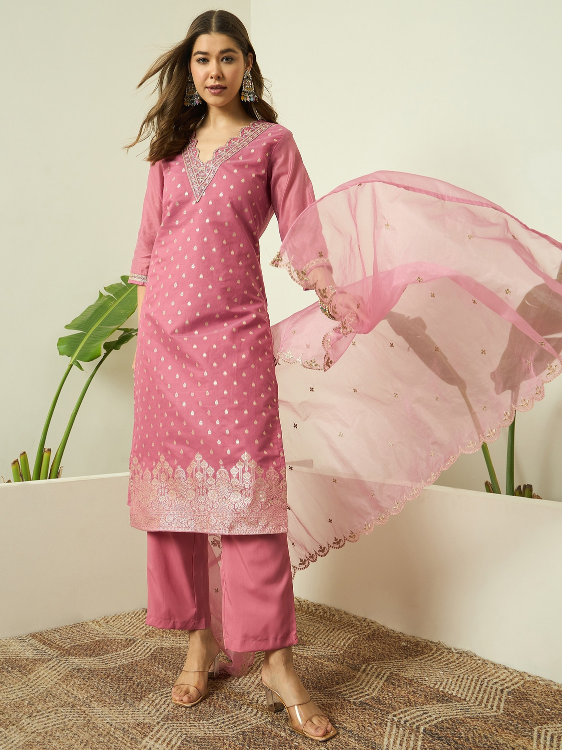 Image of AVANSHEE Women Chanderi, Cotton Silk Kurta Pant Dupatta Set