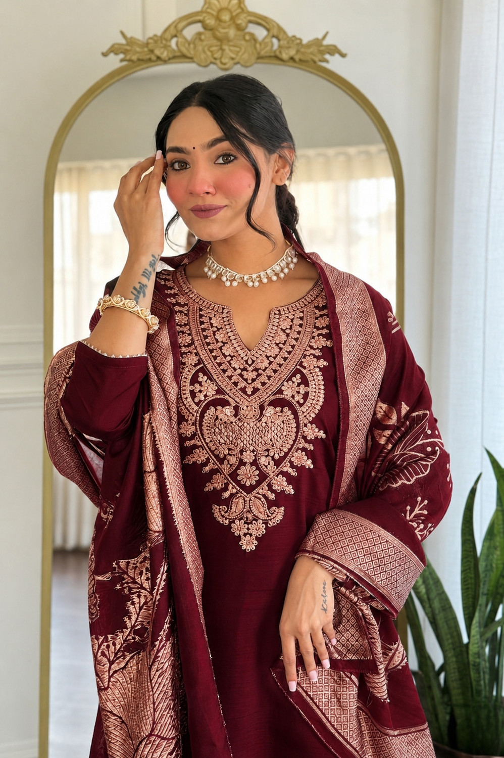 Image of SHYAM BANSI Embroidered Kurta, Trouser /Pant & Dupatta Set
