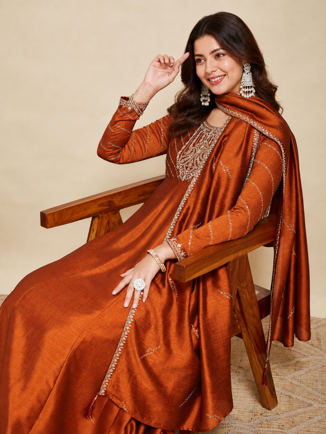 Image of OMICRON FAB Women Silk Blend Kurta Pant Dupatta Set