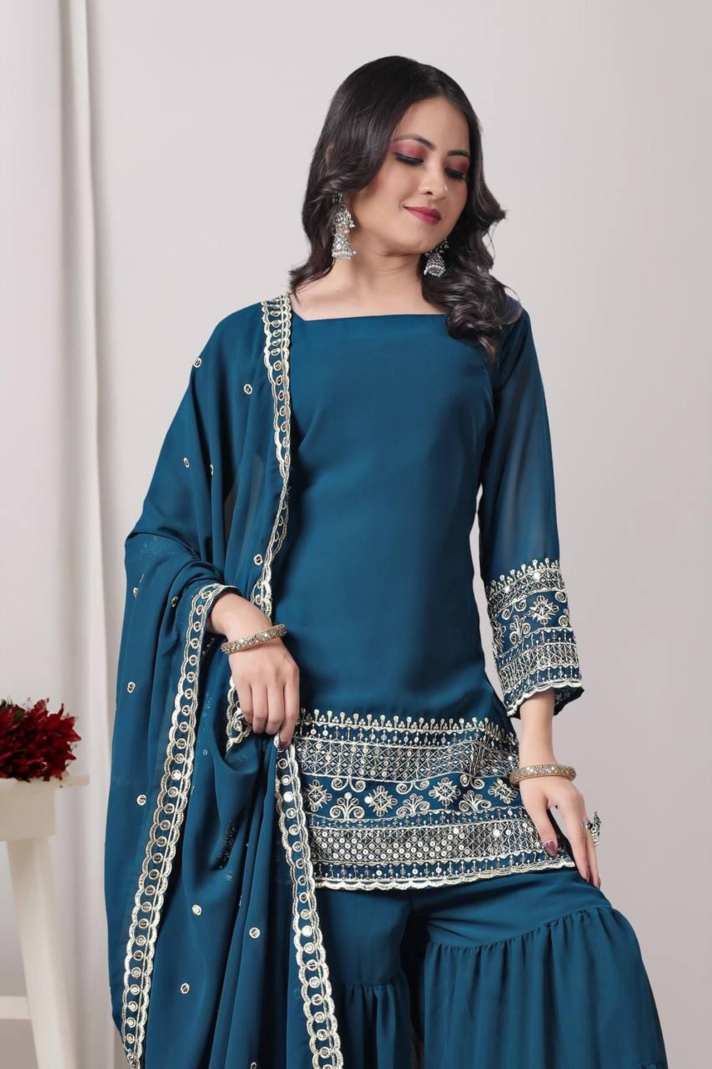 Image of JUNGLE CLOTHING Women Kurti Sharara Dupatta Set