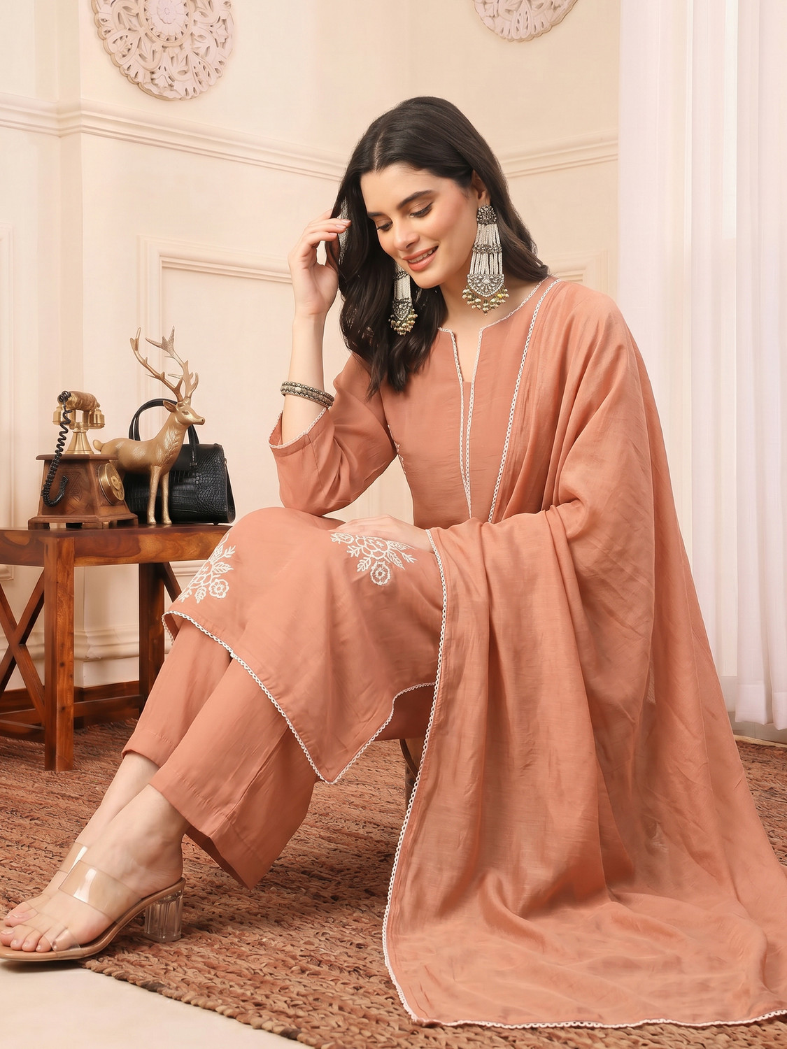 Image of AVANSHEE Women Chanderi Kurta Pant Dupatta Set