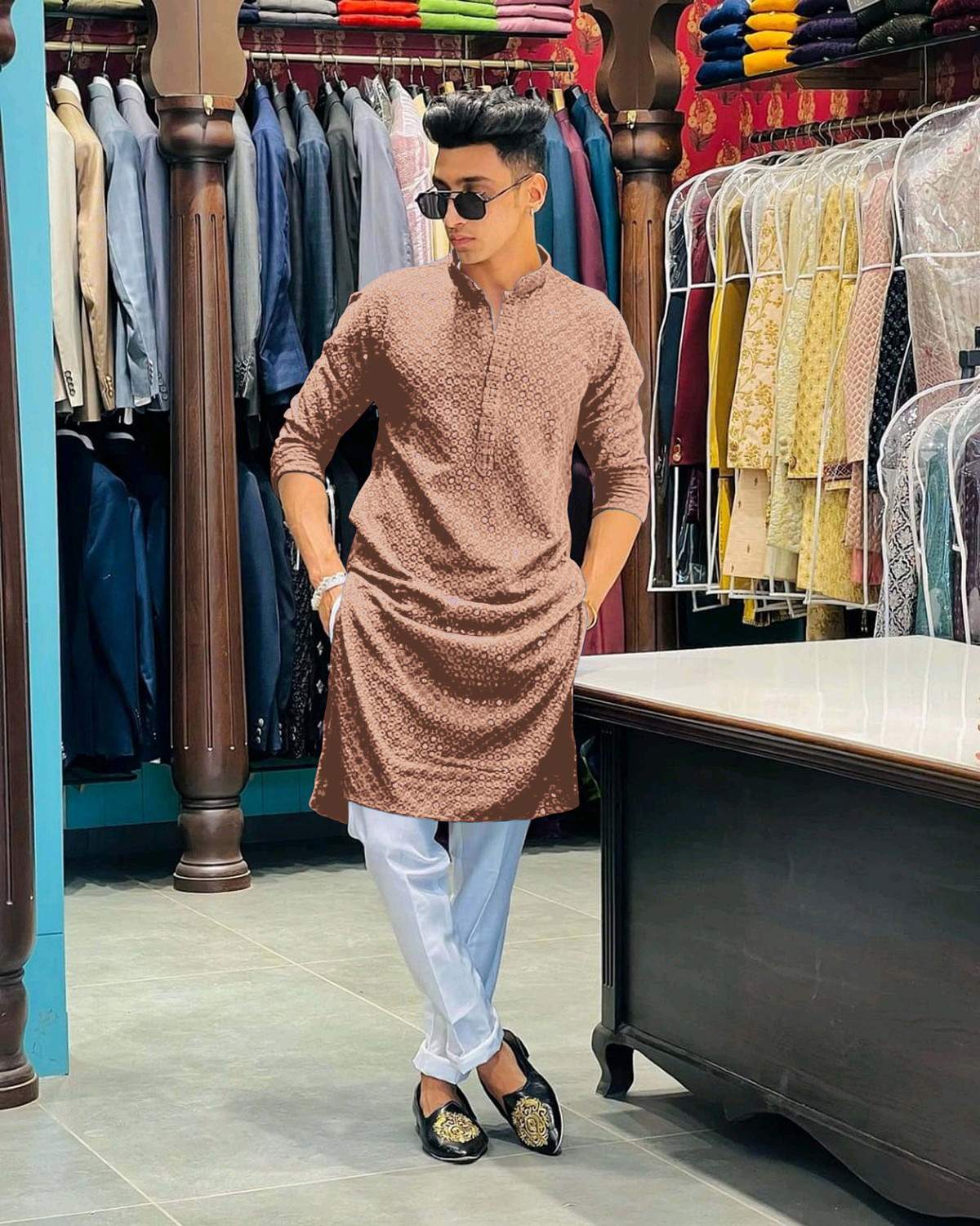 Image of ALMORA LifeStyle Chikan Embroidery Viscose Rayon A-line Kurta for Men (Beige)
