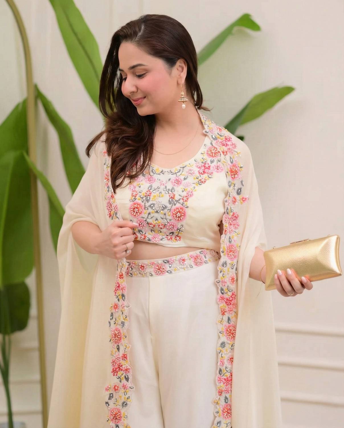 Saidarshan Women Crop Top Palazzo Cape Set - Image 3