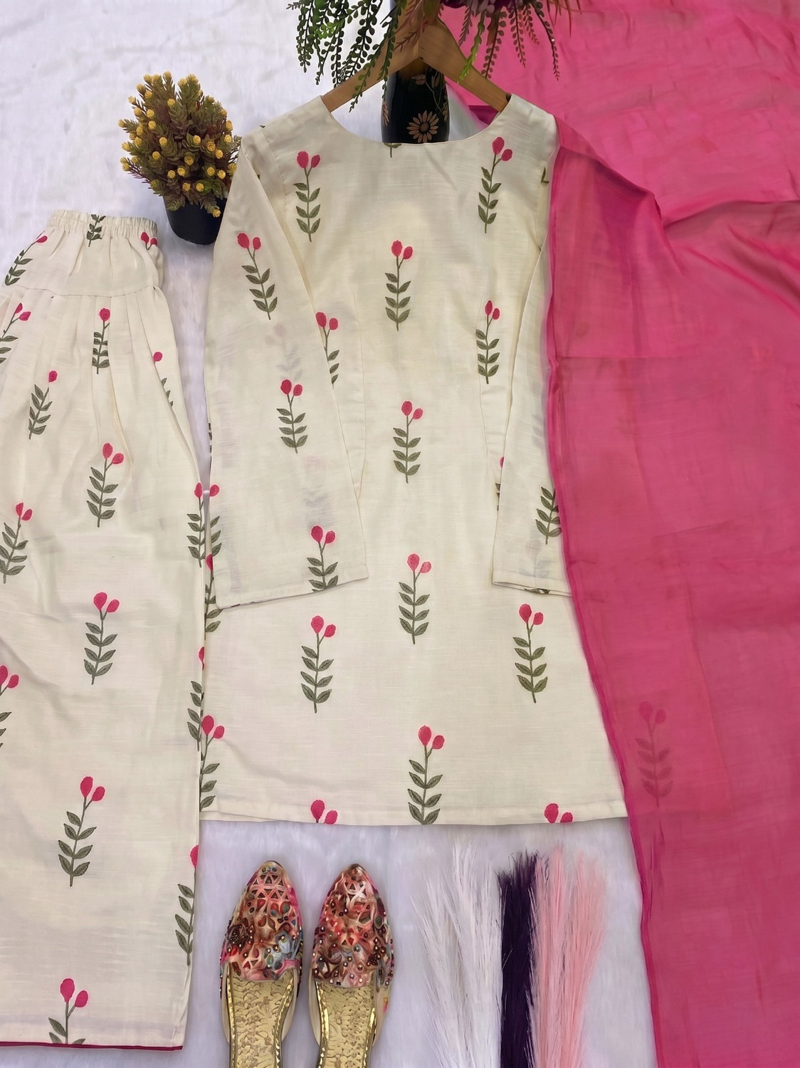 Image of Jems World Women Khadi Cotton Kurta Patiala Dupatta Set