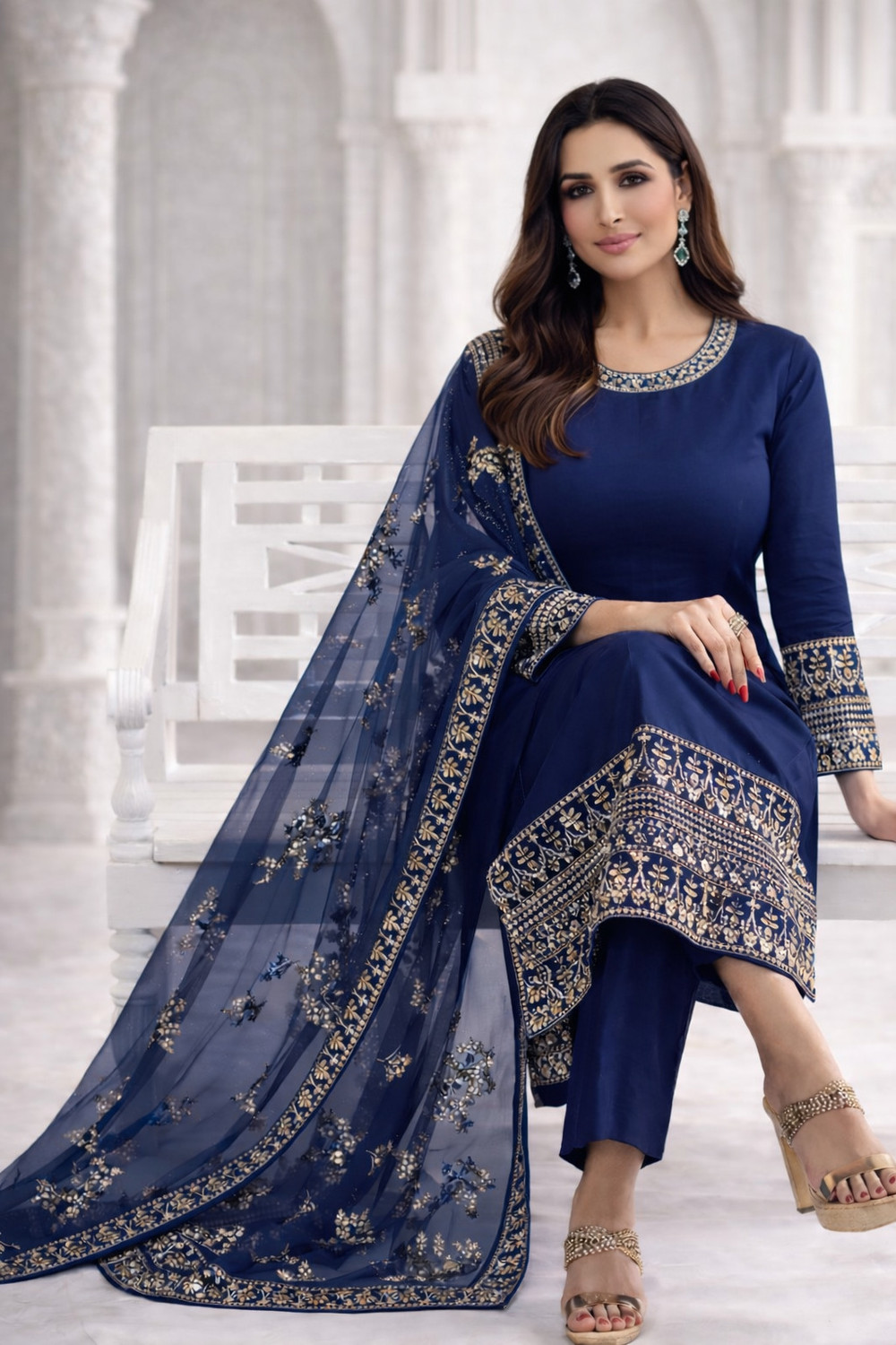 Image of PILUDI HOUSE Embroidered Kurta, Trouser /Pant & Dupatta Set