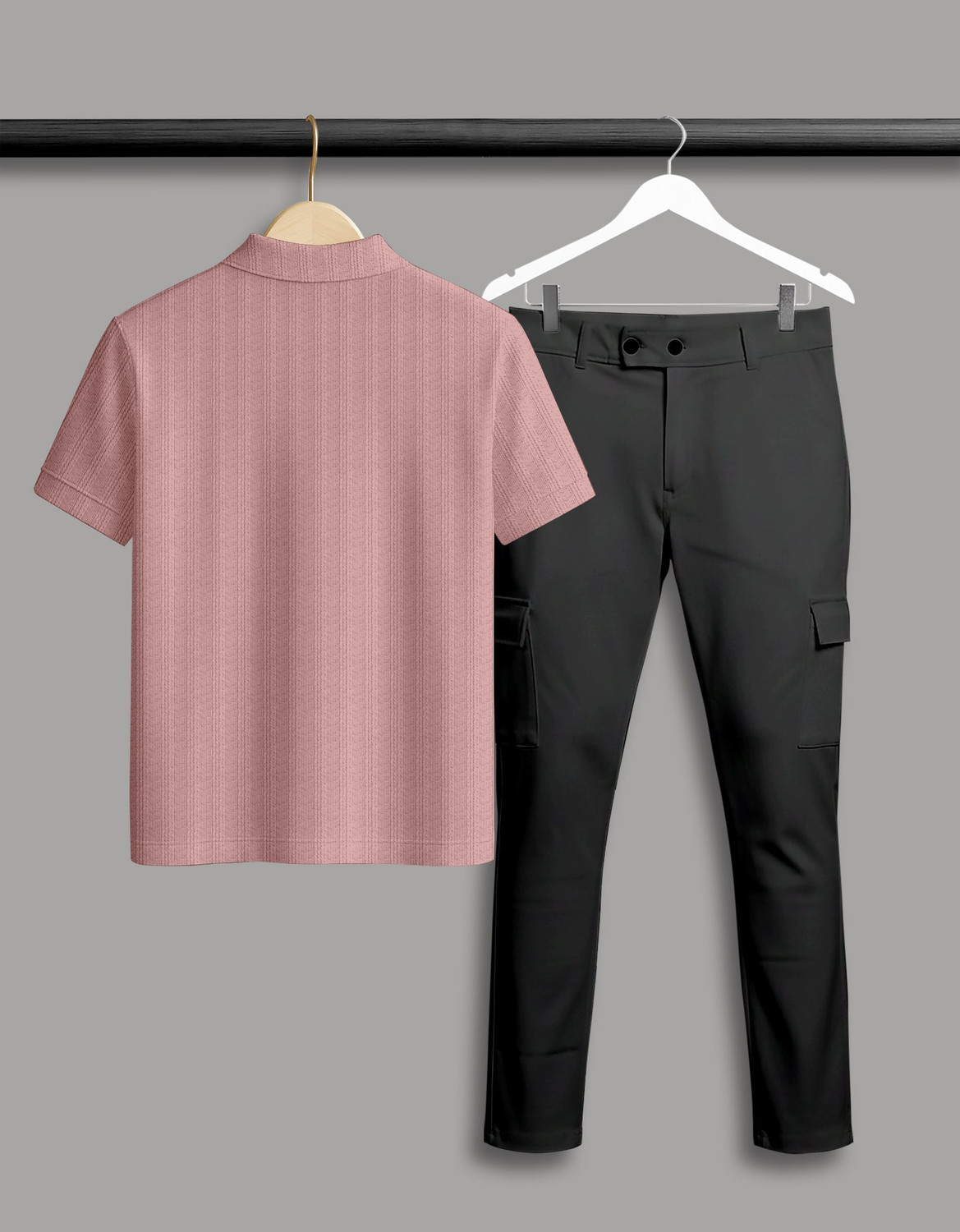Image of COMBRAIDED Self Design Men Polo Neck Pink, Black T-Shirt