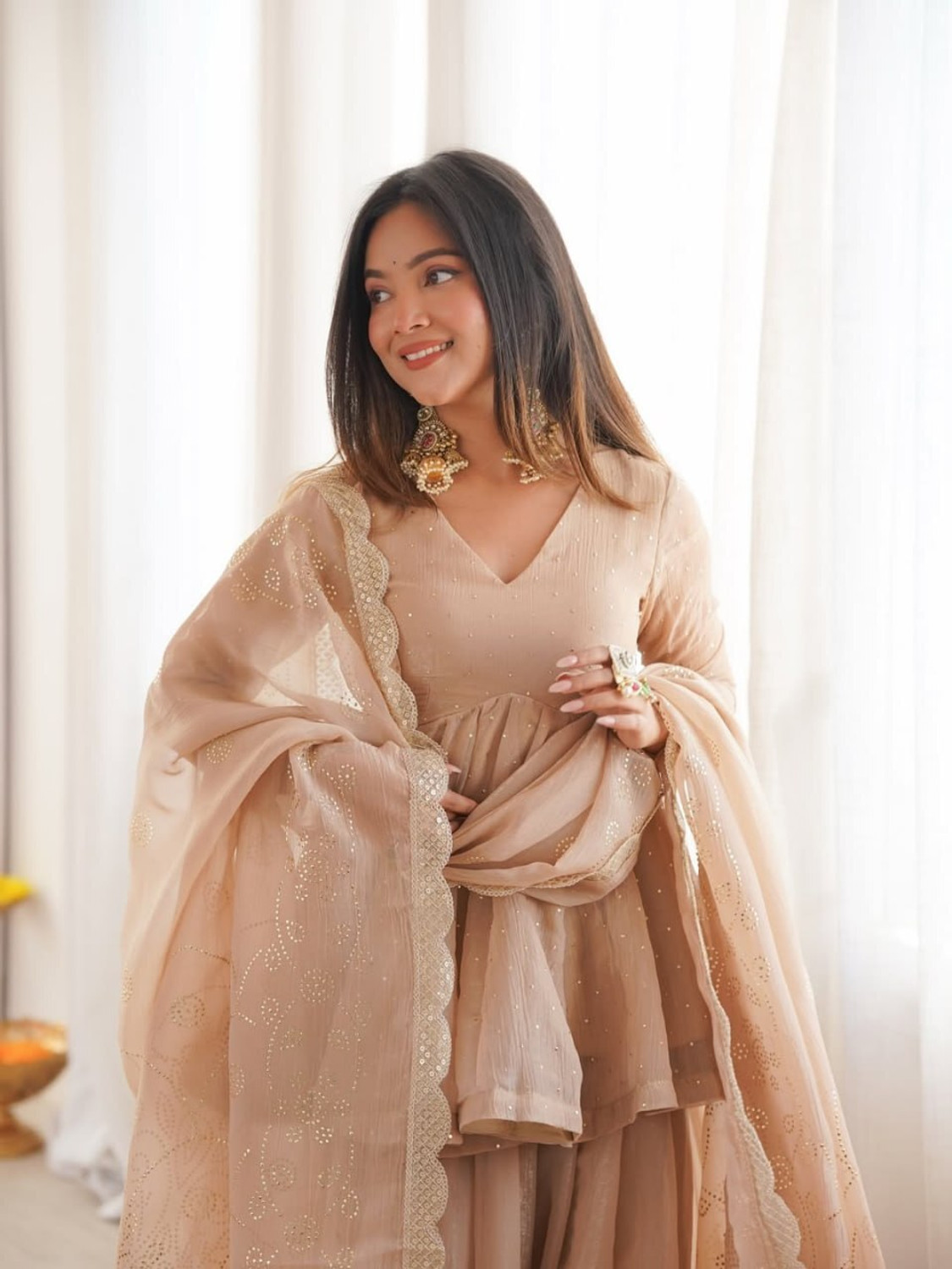 Image of THE PLAIN THEORY Women Cotton Blend Ethnic Top Sharara Dupatta Set