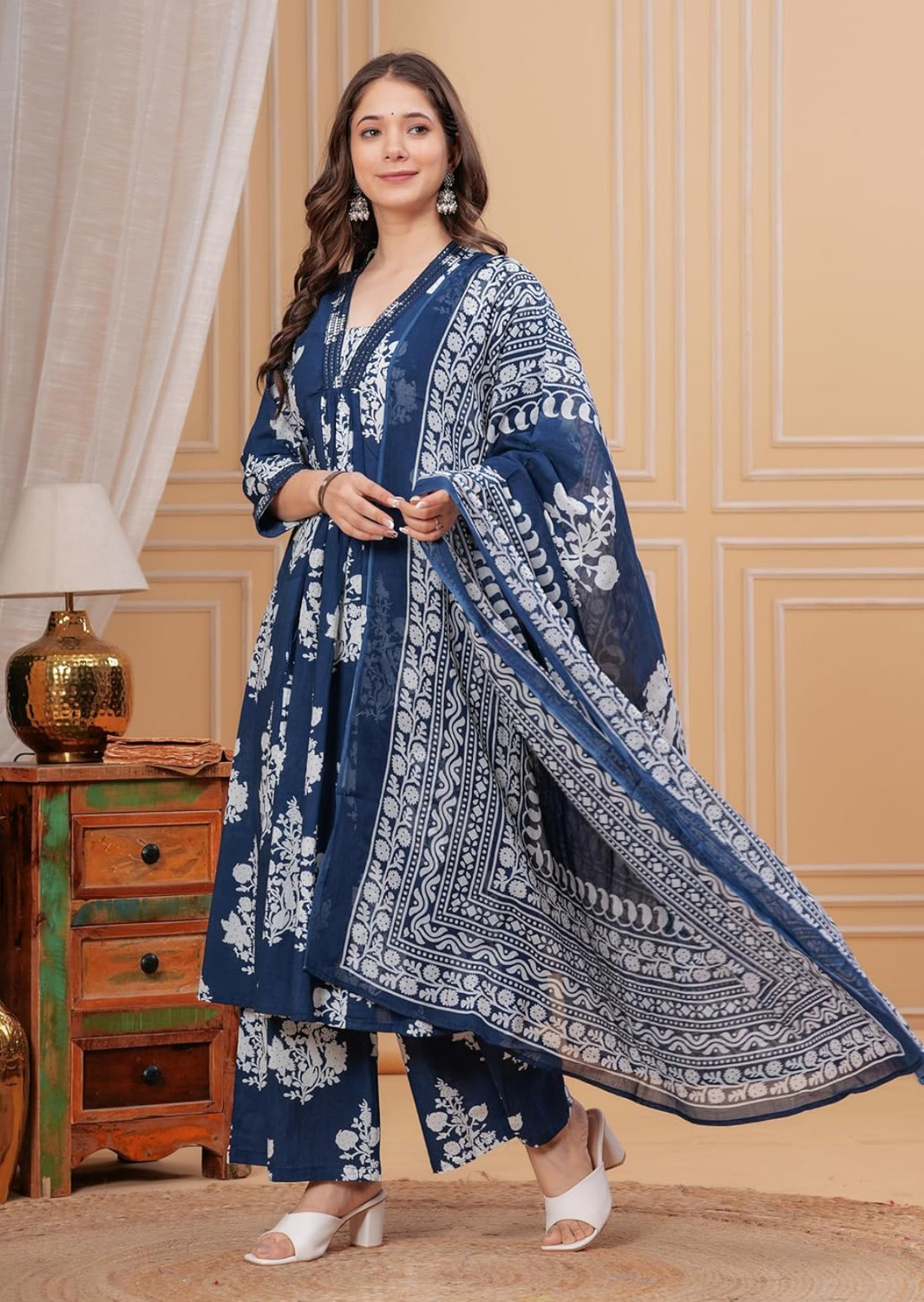 Image of Sonali Fab Printed Anarkali Kurta, Bottom & Dupatta Set