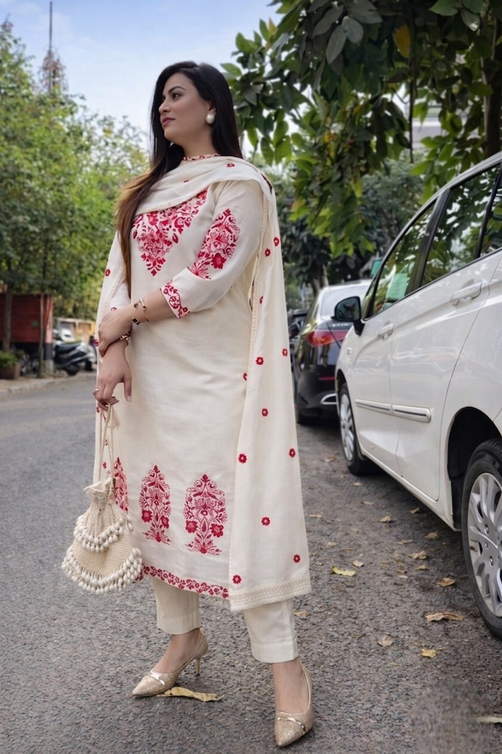 Image of PILUDI Embroidered Kurta, Trouser /Pant & Dupatta Set