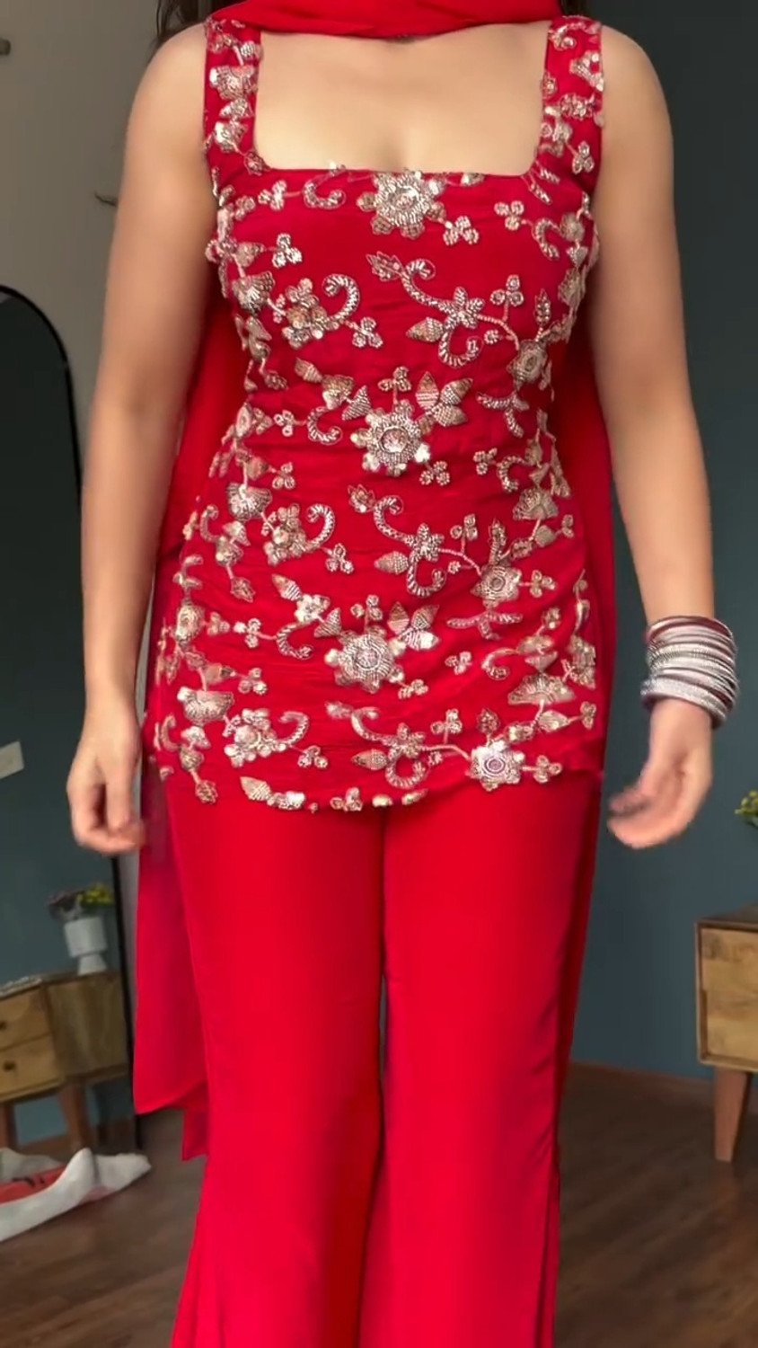 Image of POSITION Women Georgette Kurti Palazzo Dupatta Set