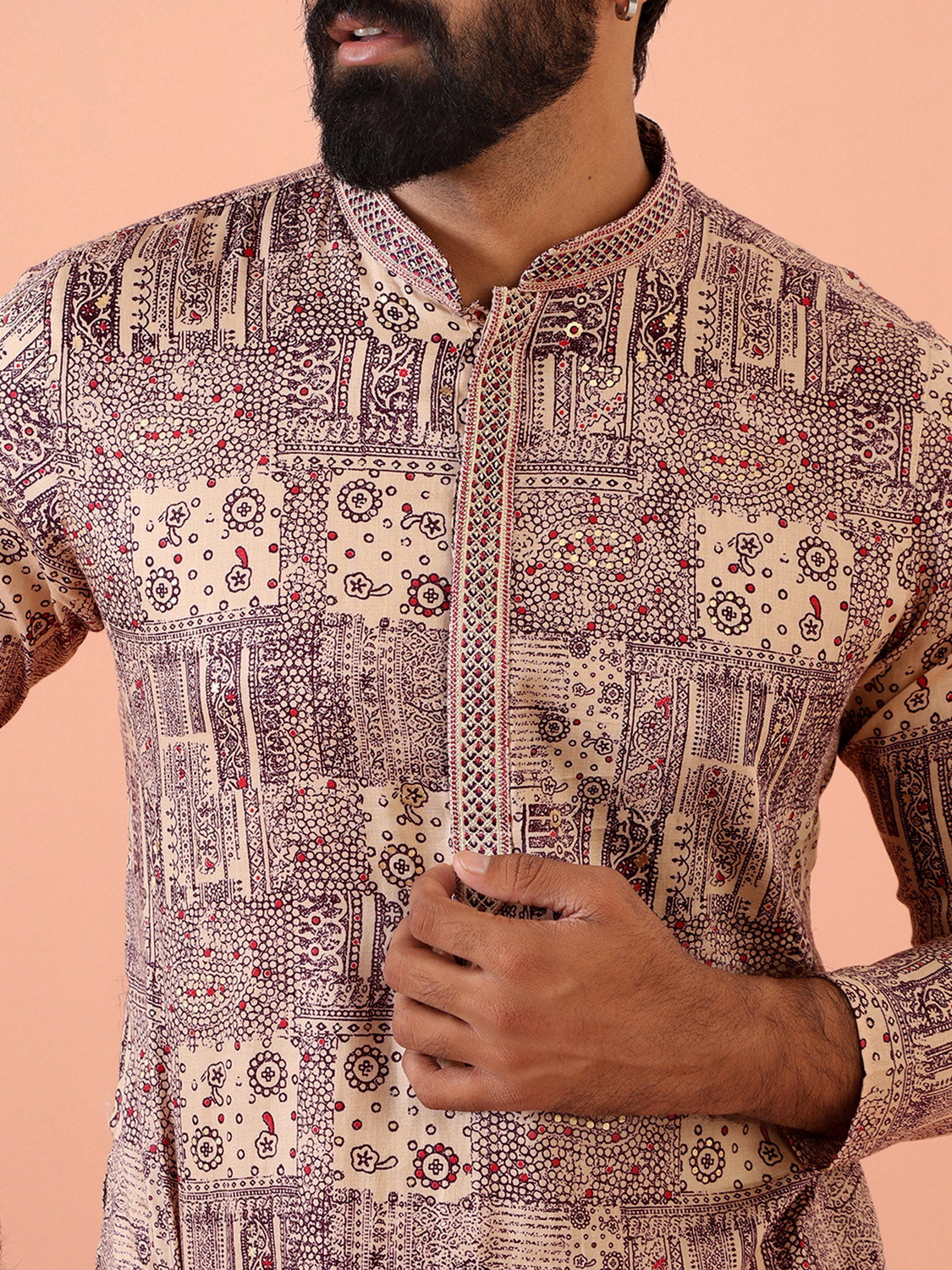 Image of Kisah Printed Cotton Blend Straight Kurta for Men (Purple)