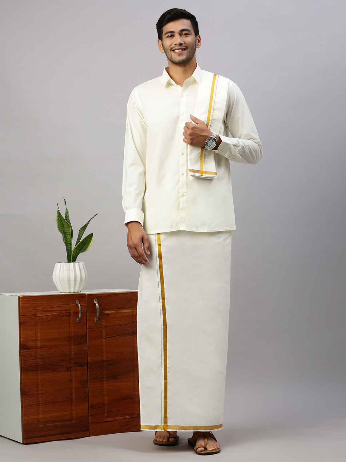 Image of Ramraj Cotton Men Shirt Dhoti Dupatta Set
