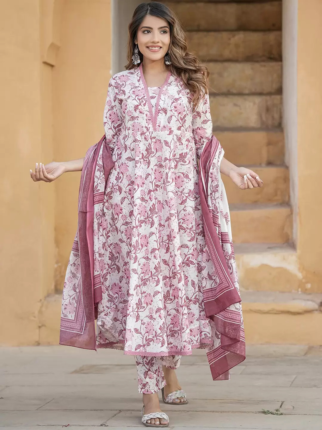 Image of Lamba Creations Floral Print Anarkali Kurta, Bottom & Dupatta Set