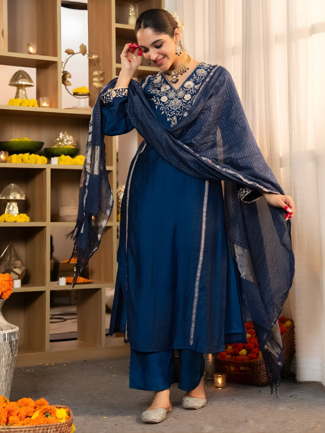 Image of zaierra Embroidered Kurta, Palazzo & Dupatta Set