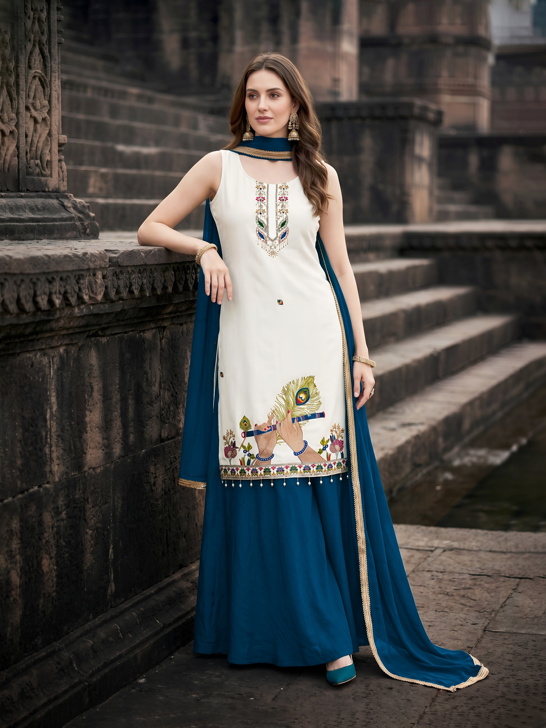 Image of Harekrishna creation Women Kurti Palazzo Dupatta Set