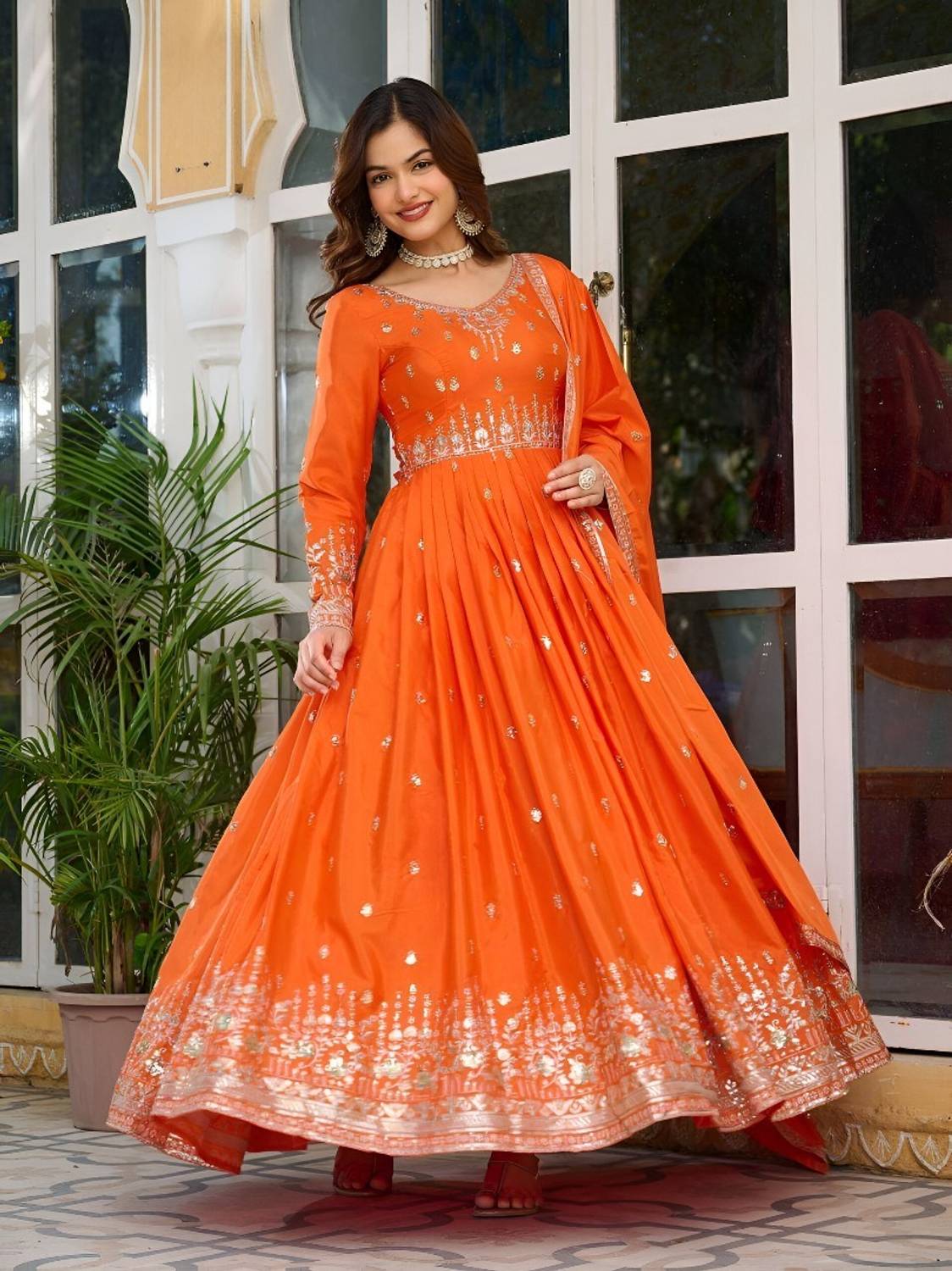Orange Flipkart Ladies Gown Khodiyar Anarkali Gown Price In India Buy  Khodiyar Anarkali Gown