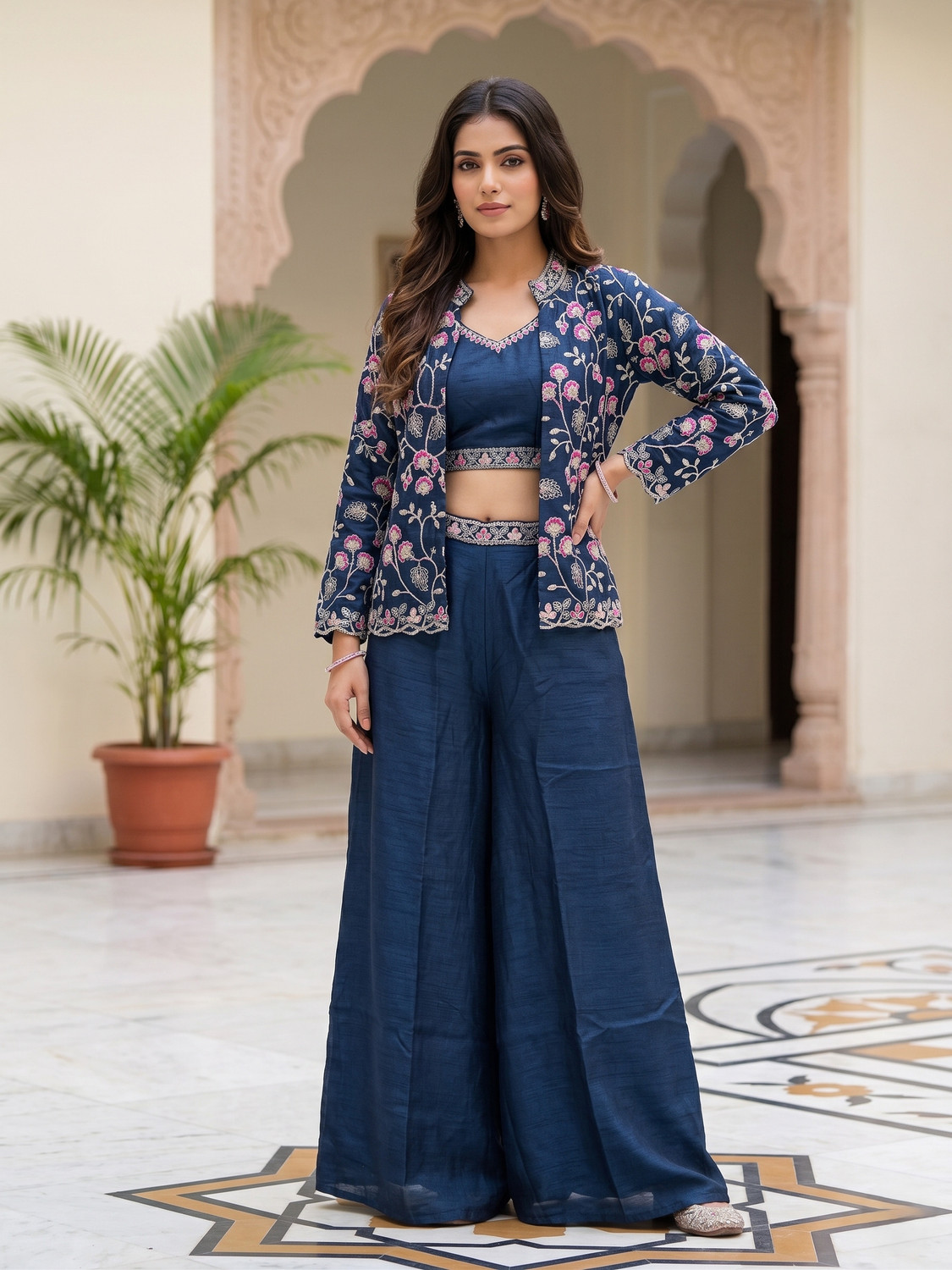 Image of bhakti sangam Women Ethnic Top Palazzo Ethnic Jacket Set
