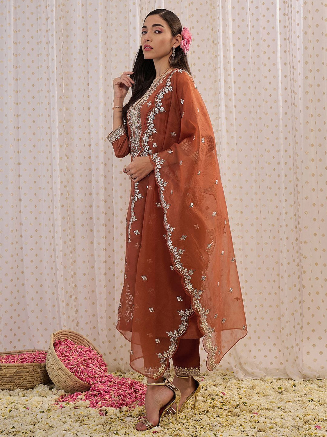 Image of Indo Era Women Silk Blend Kurta Pant Dupatta Set