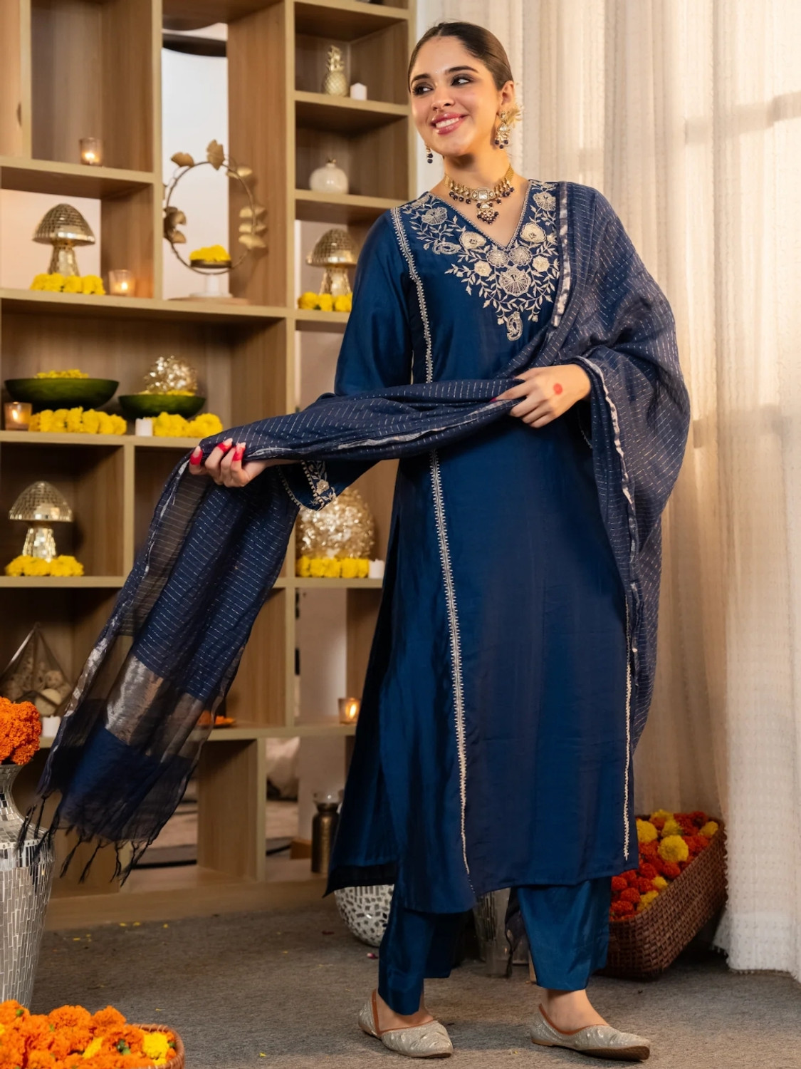 Image of zaierra Embroidered Kurta, Palazzo & Dupatta Set