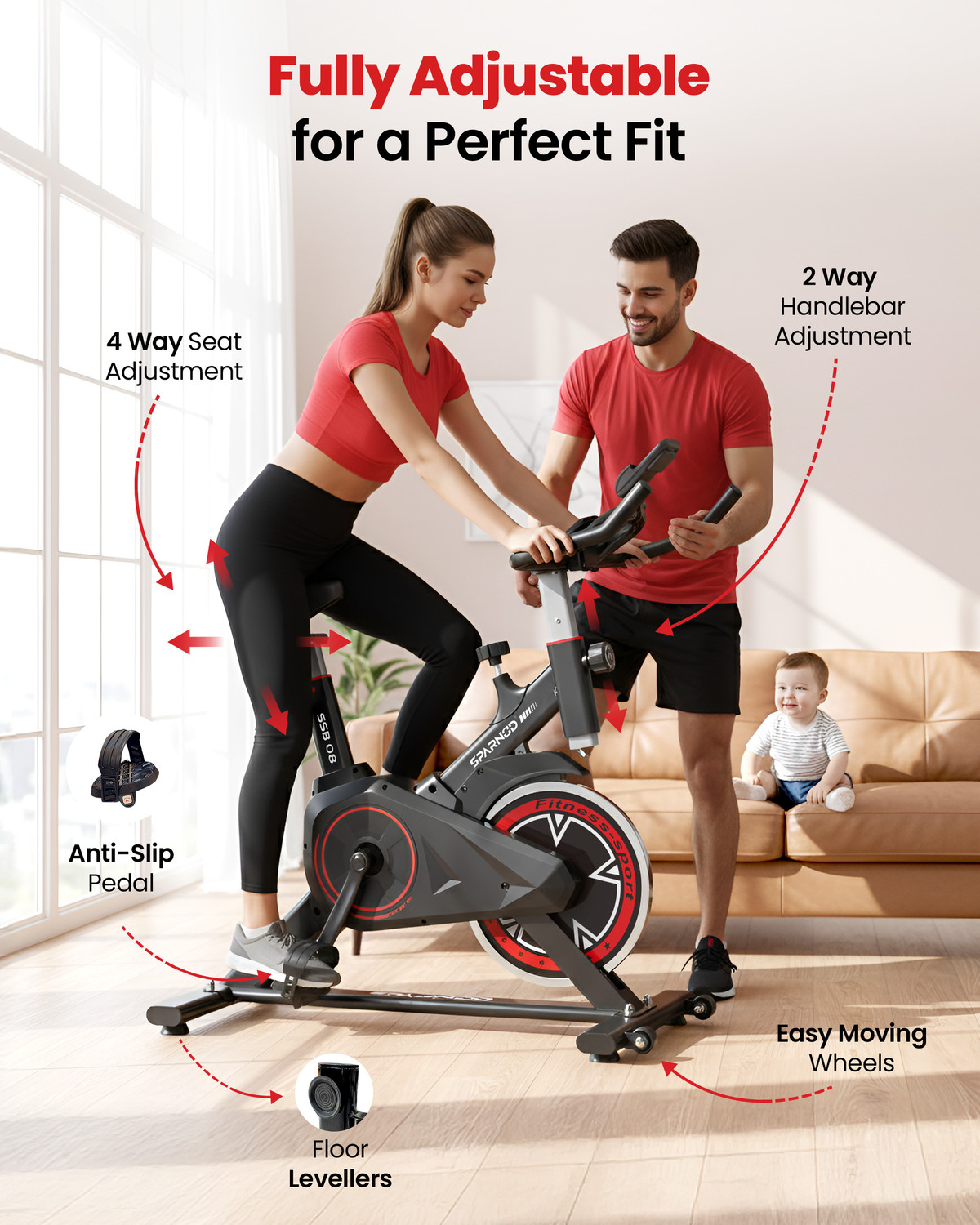 Image of Sparnod Fitness SSB-08 Cycle for Home Gym with 8kg Flywheel LED Display Pulse Sensor Silent Belt Spinner Exercise Bike