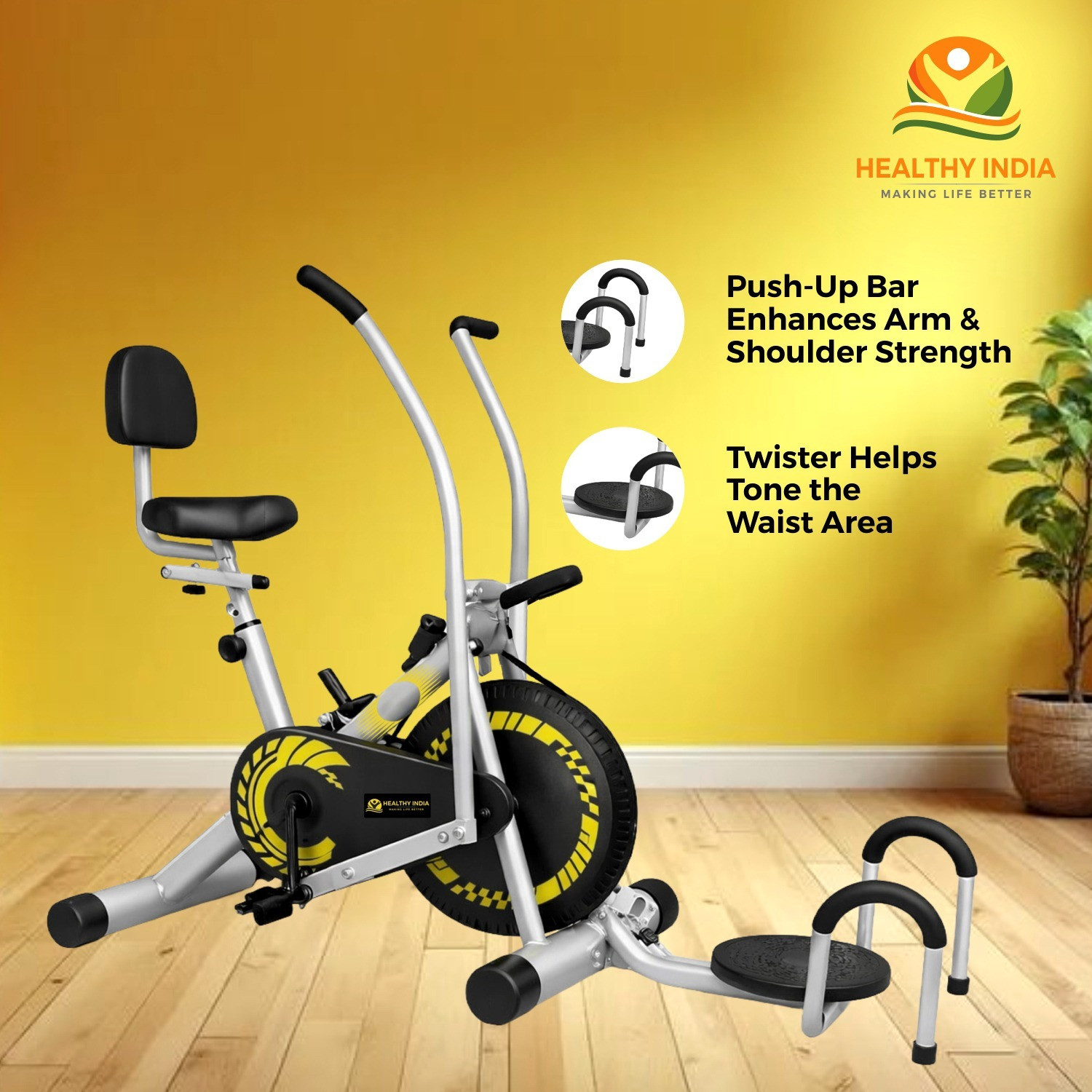 Image of HEALTHYINDIA Exercise Bike Moving Handle Twister Pushup Backrest, Resistance & Display Meter Dual-Action Stationary Exercise Bike