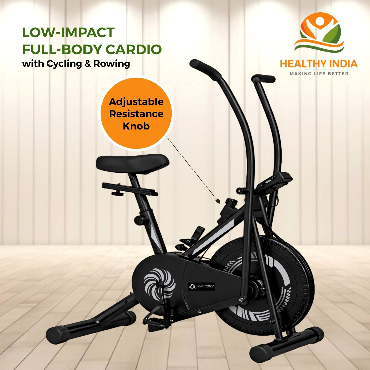 Image of HEALTHYINDIA Fitness Exercise Bike Moving Handle 8 Level Resistance Cardio Workout Cycle Dual-Action Stationary Exercise Bike