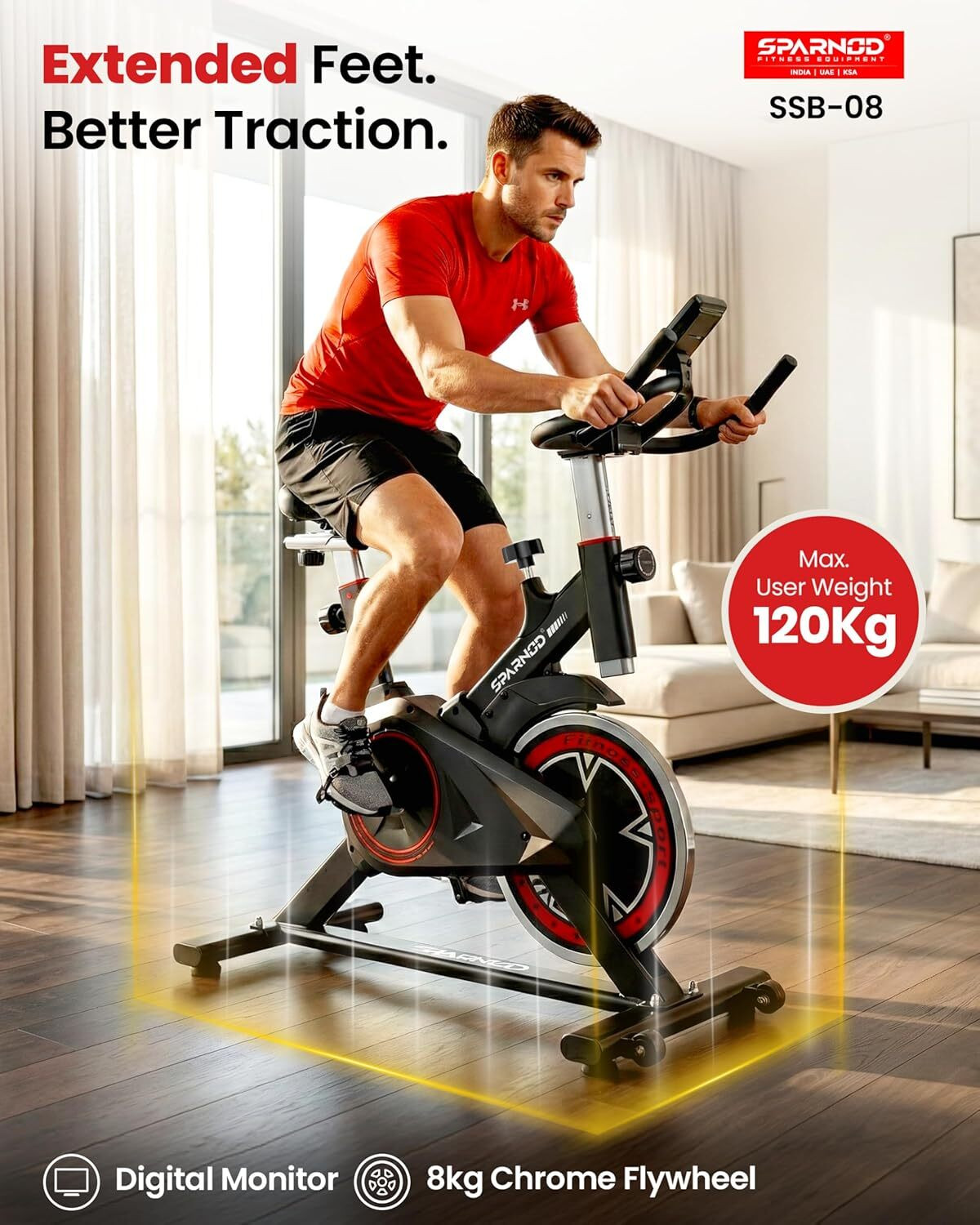 Image of Sparnod Fitness SSB-08 Cycle for Home Gym with 8kg Flywheel LED Display Pulse Sensor Silent Belt Spinner Exercise Bike
