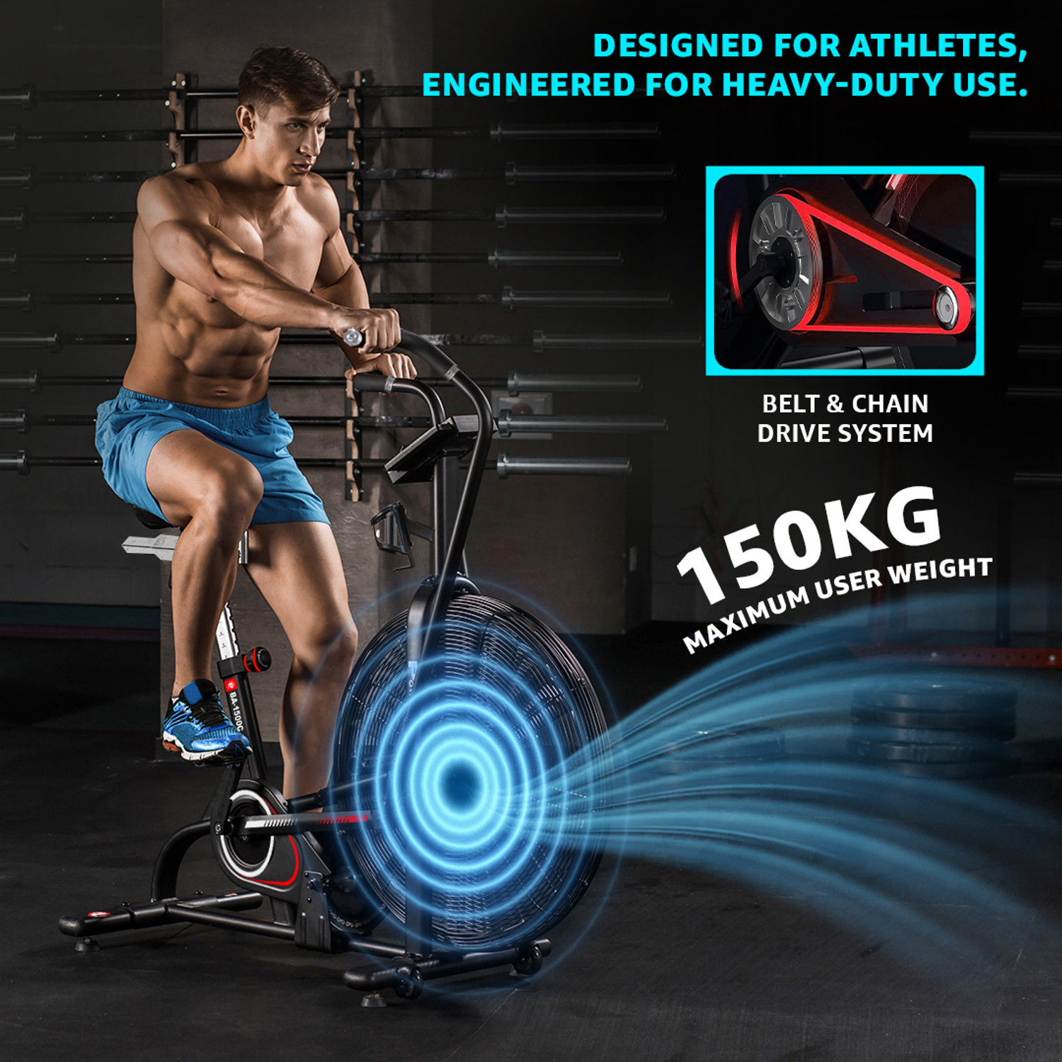 Image of Powermax Fitness BA-1500C Air Bike for Home-Gym, Belt & Chain Drive, 180kg max user Dual-Action Stationary Exercise Bike