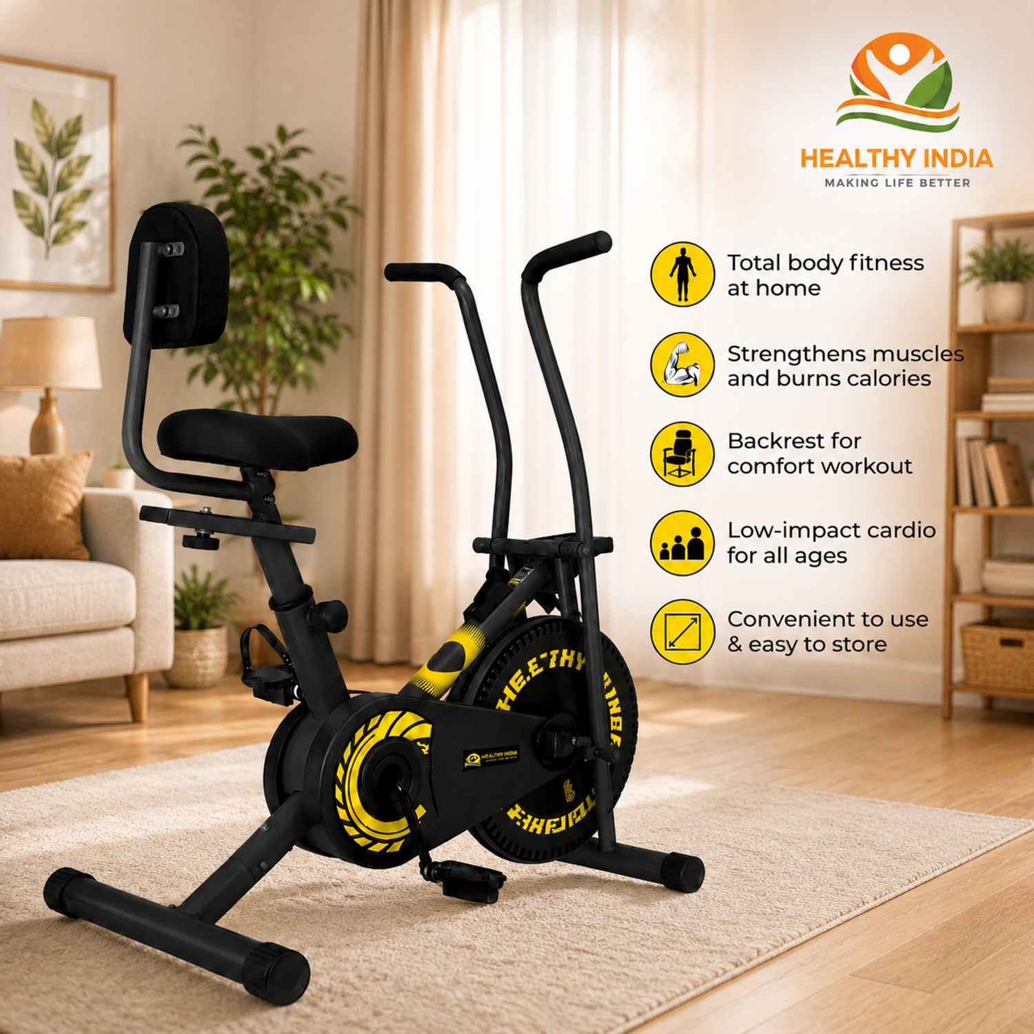 Image of HEALTHYINDIA Exercise Bike with Moving Handle & Backrest for Home Cardio Workout Dual-Action Stationary Exercise Bike
