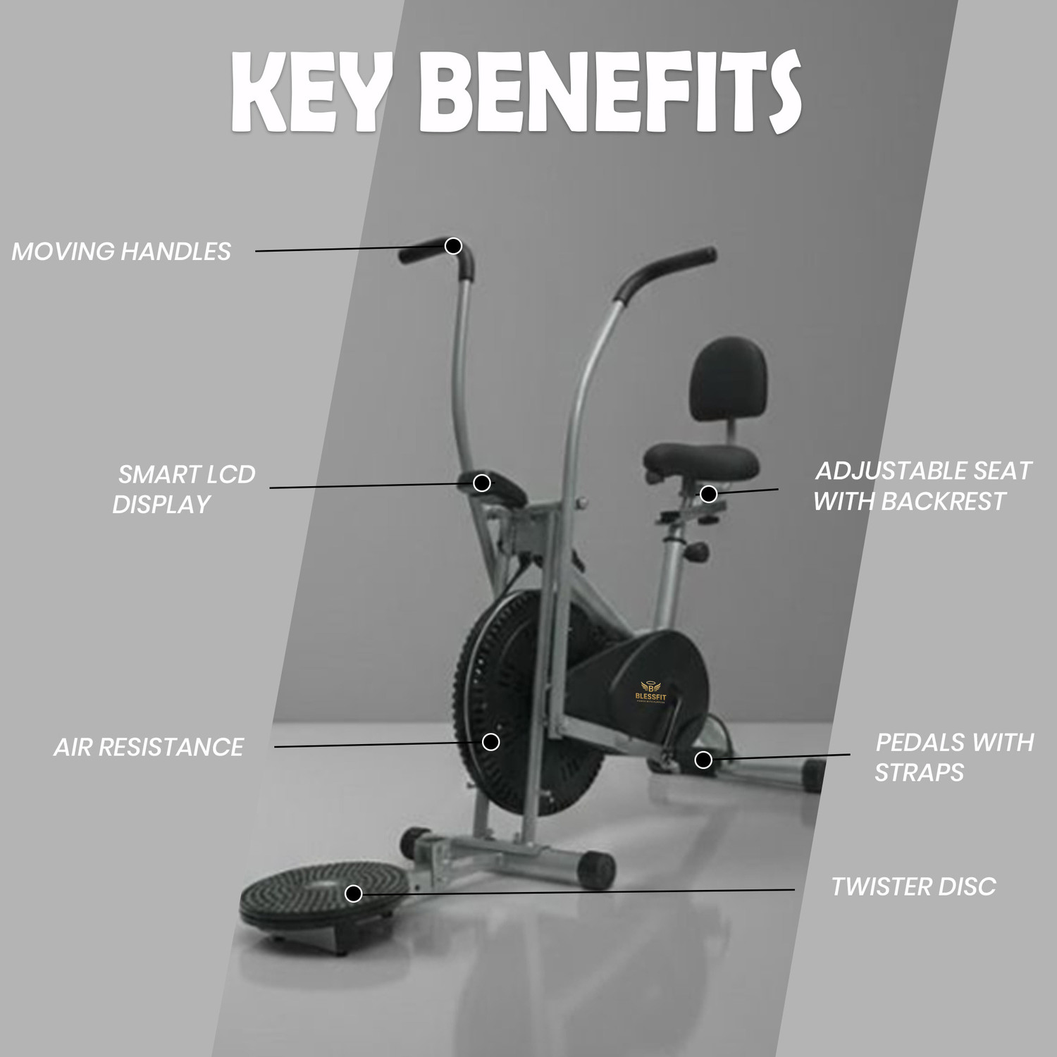 Image of BLESSFIT Exercise Bike Dual Action Moving Handle Cardio Cycle with Backrest & Twister Dual-Action Stationary Exercise Bike