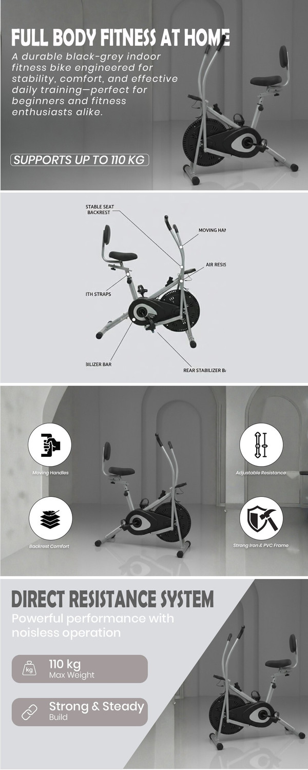 Image of BLESSFIT Exercise Bike Moving Handle Cardio Workout Dual Action Cycle with Meter Dual-Action Stationary Exercise Bike (Black)