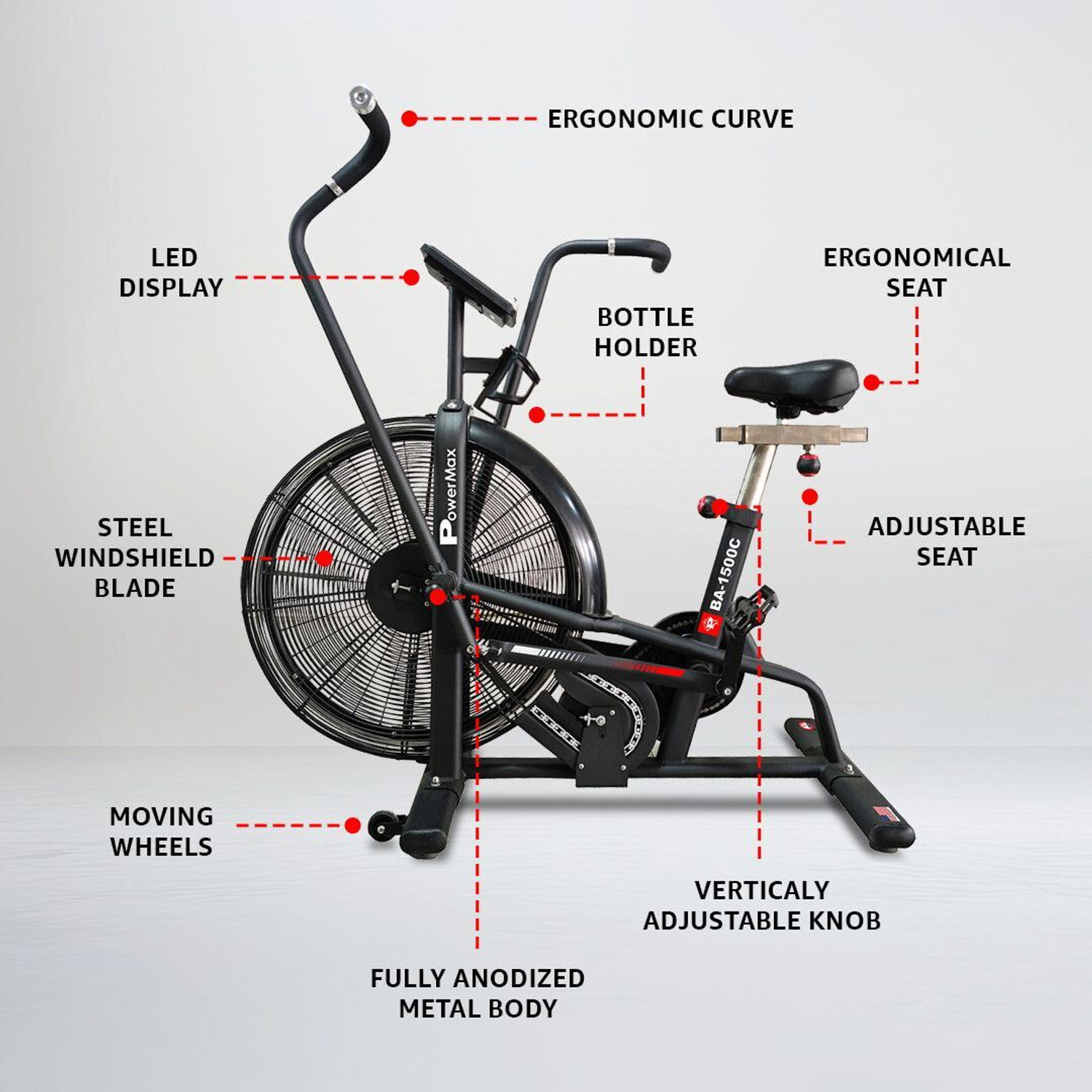 Image of Powermax Fitness BA-1500C Air Bike for Home-Gym, Belt & Chain Drive, 180kg max user Dual-Action Stationary Exercise Bike