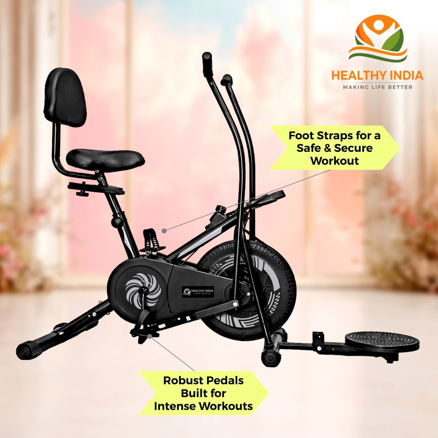 Image of HEALTHYINDIA Exercise Bike Moving Handle 8 Levels Resistance Twister Back Rest Cardio Workout Dual-Action Stationary Exercise Bike