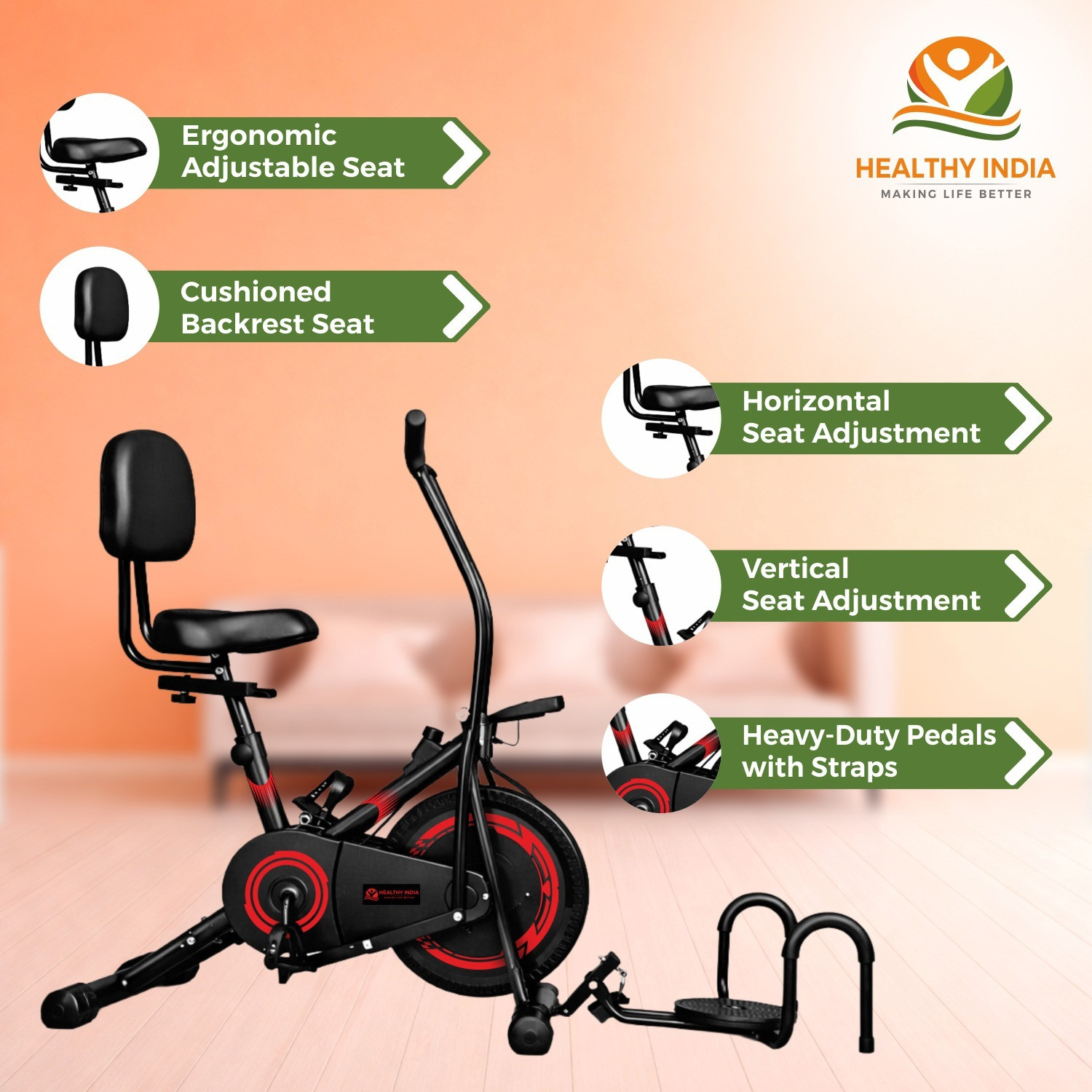 Image of HEALTHYINDIA Premium Exercise Bike 8 Levels Resistance Moving Handle Twister Backrest PushUp Dual-Action Stationary Exercise Bike
