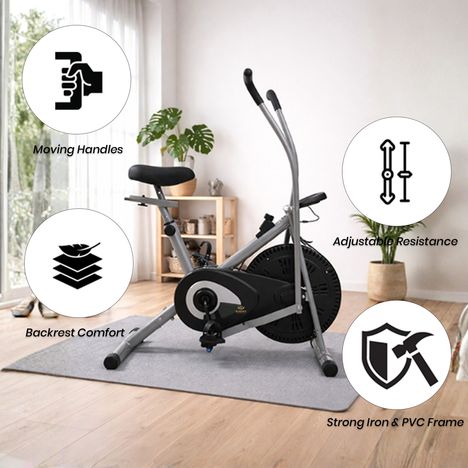 Image of BLESSFIT Exercise Bike Moving Handle Cardio Workout Dual Action Cycle with Meter Dual-Action Stationary Exercise Bike (Black)